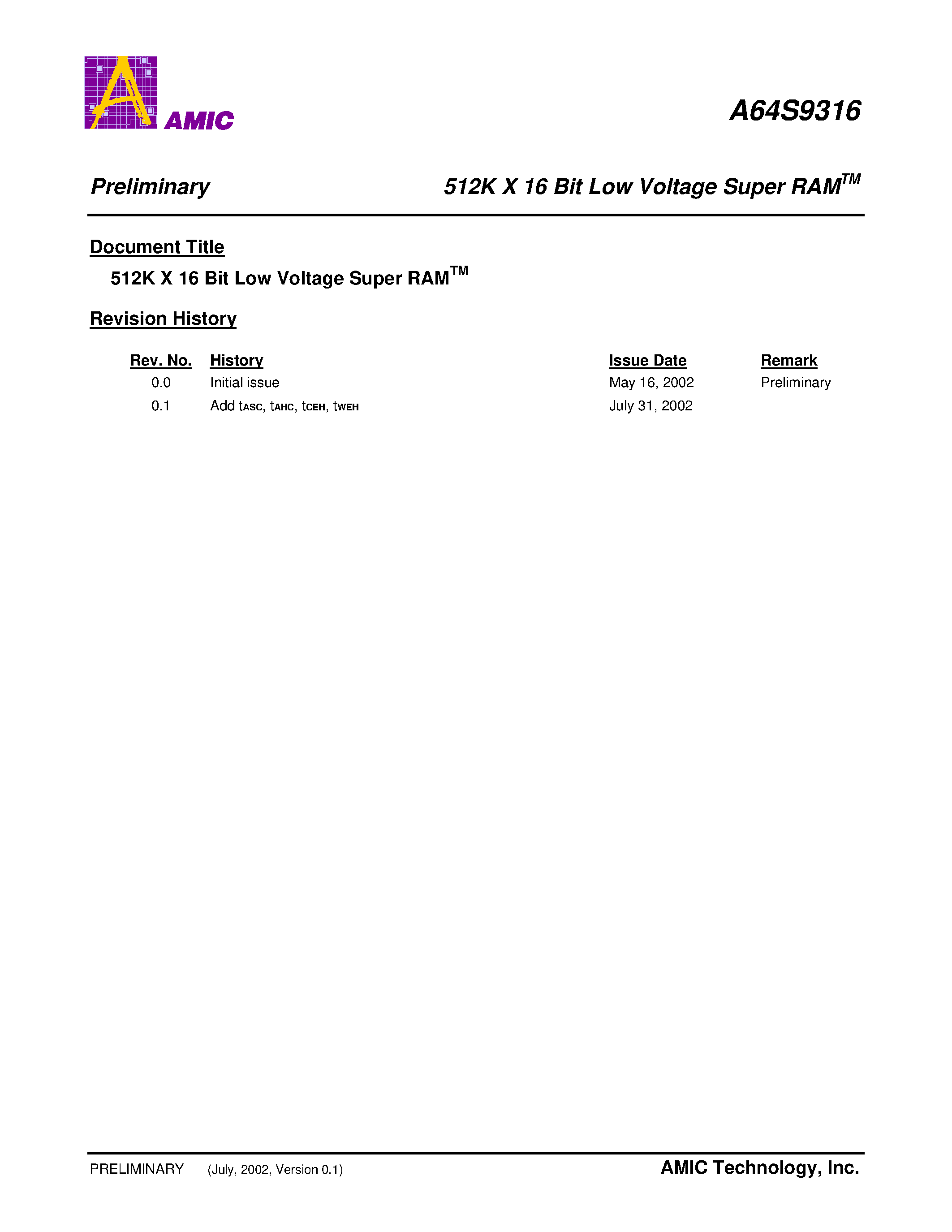 Datasheet A64S9316G-70I - 512K X 16 Bit Low Voltage Super RAM page 1