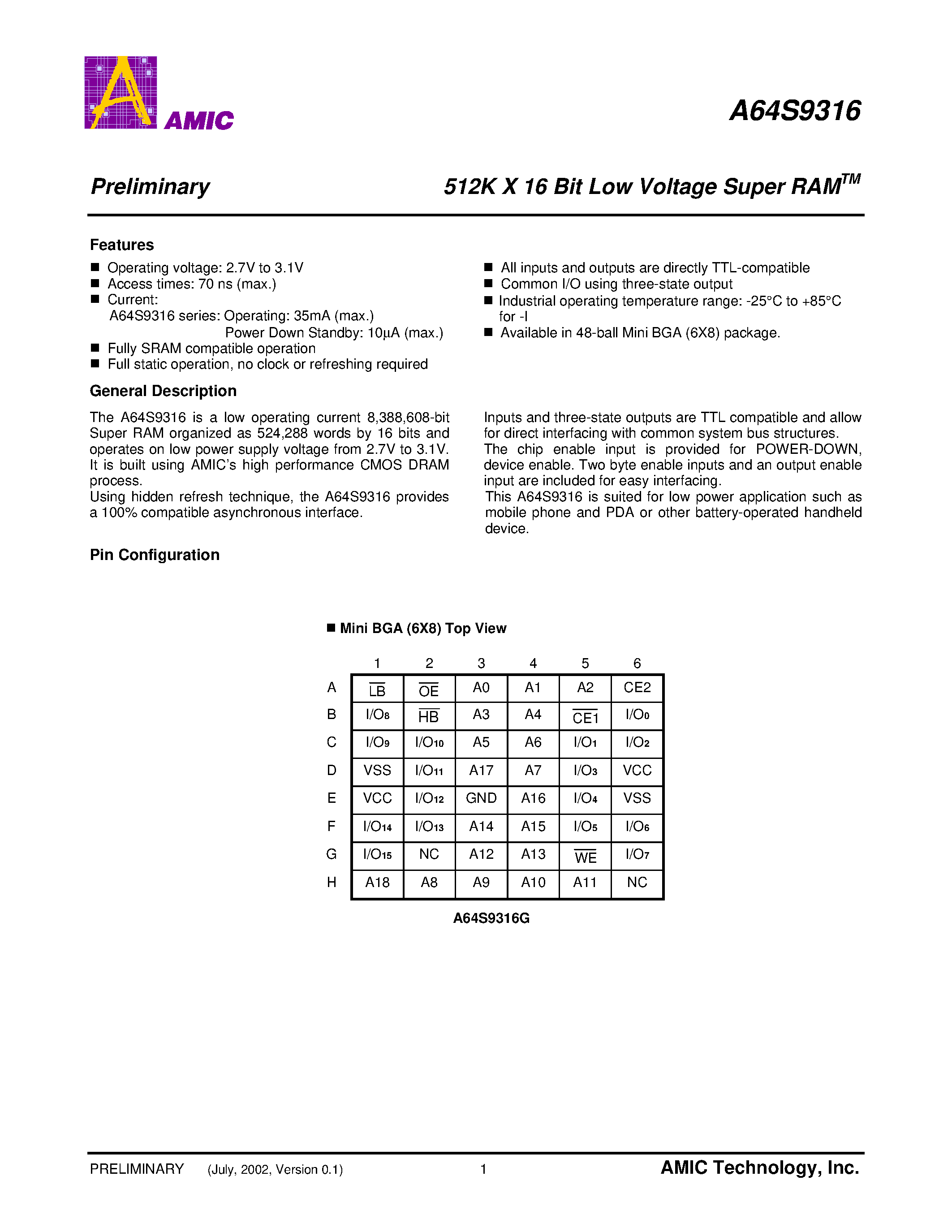 Datasheet A64S9316G-85 - 512K X 16 Bit Low Voltage Super RAM page 2