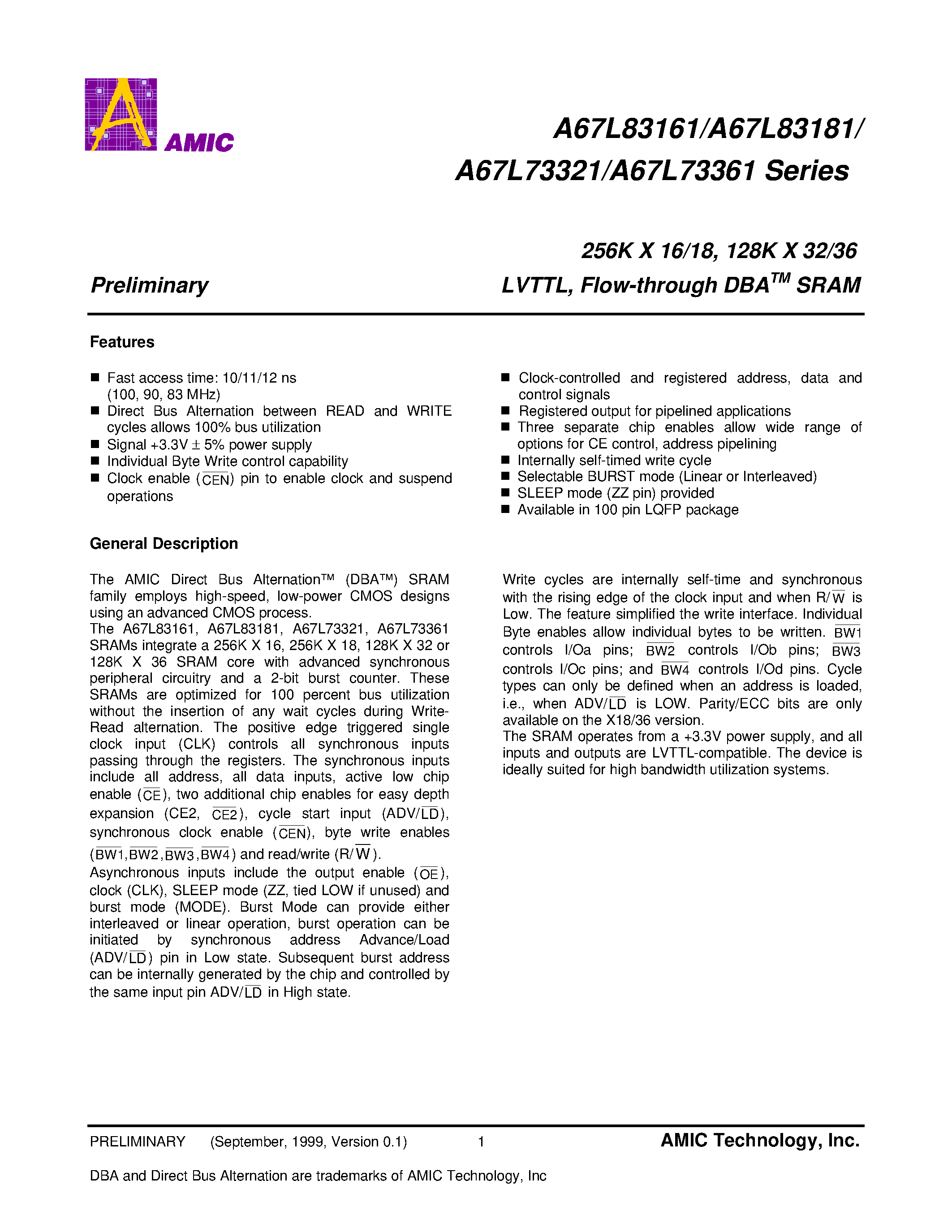 Datasheet A67L83161E-12 - 256K X 16/18/ 128K X 32/36 LVTTL/ Flow-through DBA SRAM page 2