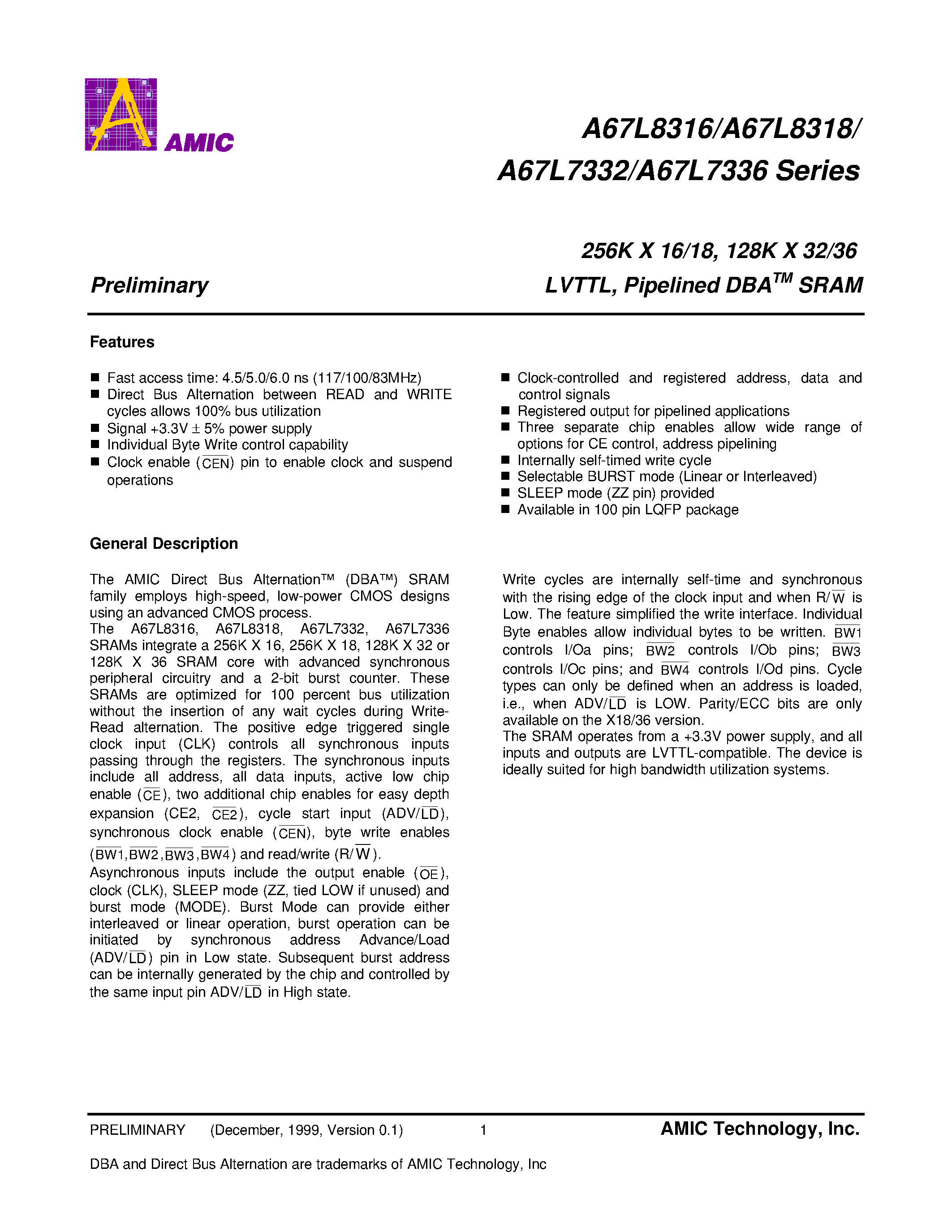 Datasheet A67L8316E-45 - 256K X 16/18/ 128K X 32/36 LVTTL/ Pipelined DBA SRAM page 2