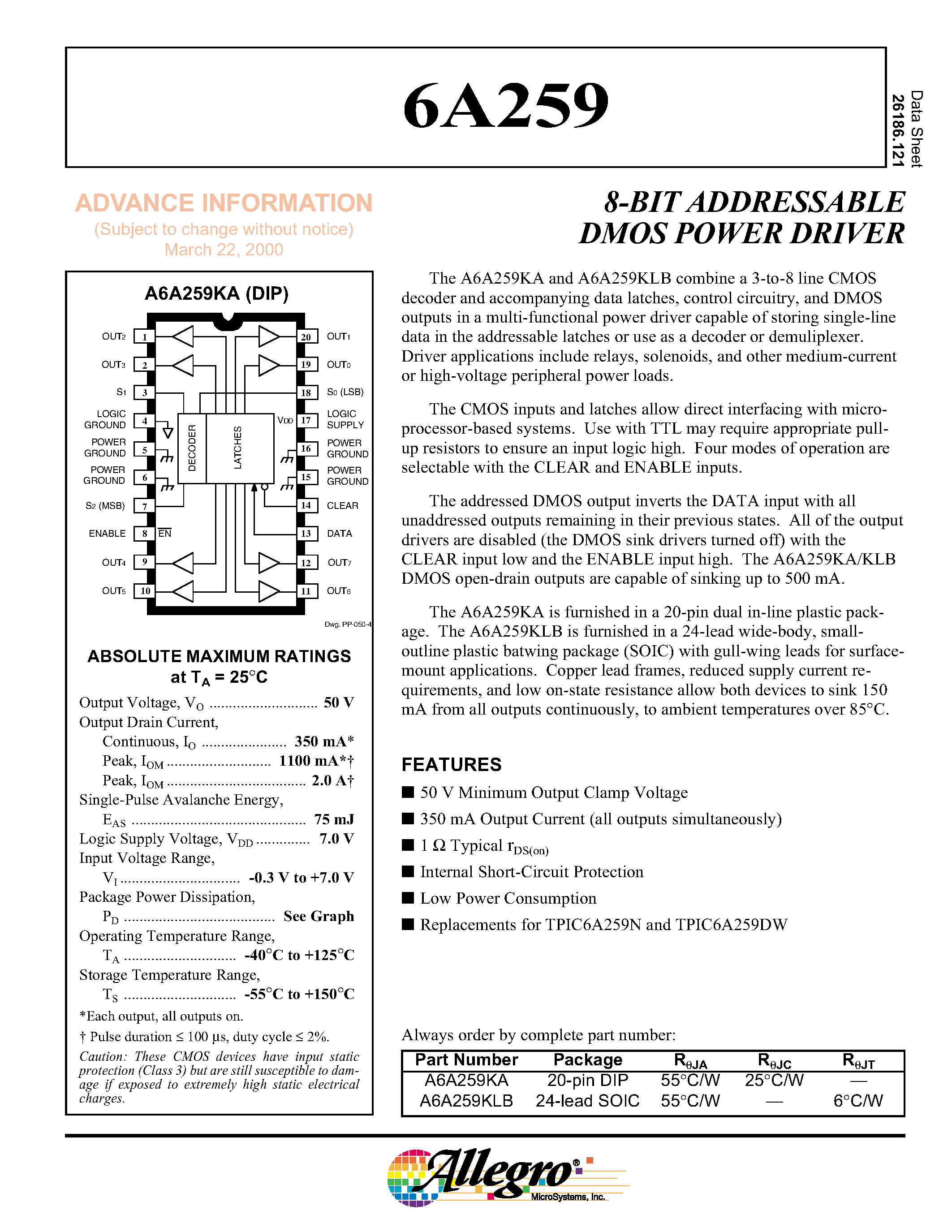 Даташит A6A259KLB - 8-BIT ADDRESSABLE DMOS POWER DRIVER страница 1