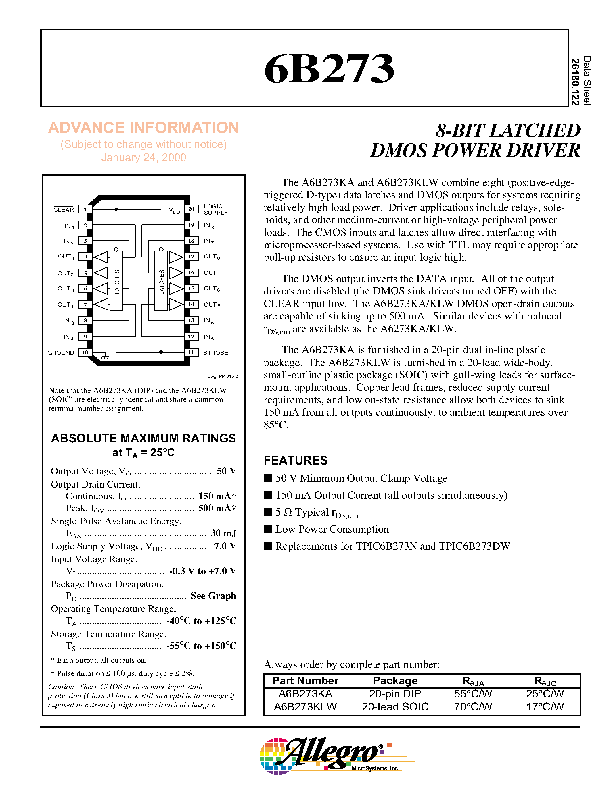 Даташит на микросхему A6B273KA страница 1 Даташит A6B273KA - 8-BIT LATCHED DMOS POWER DRIVER страница 1
