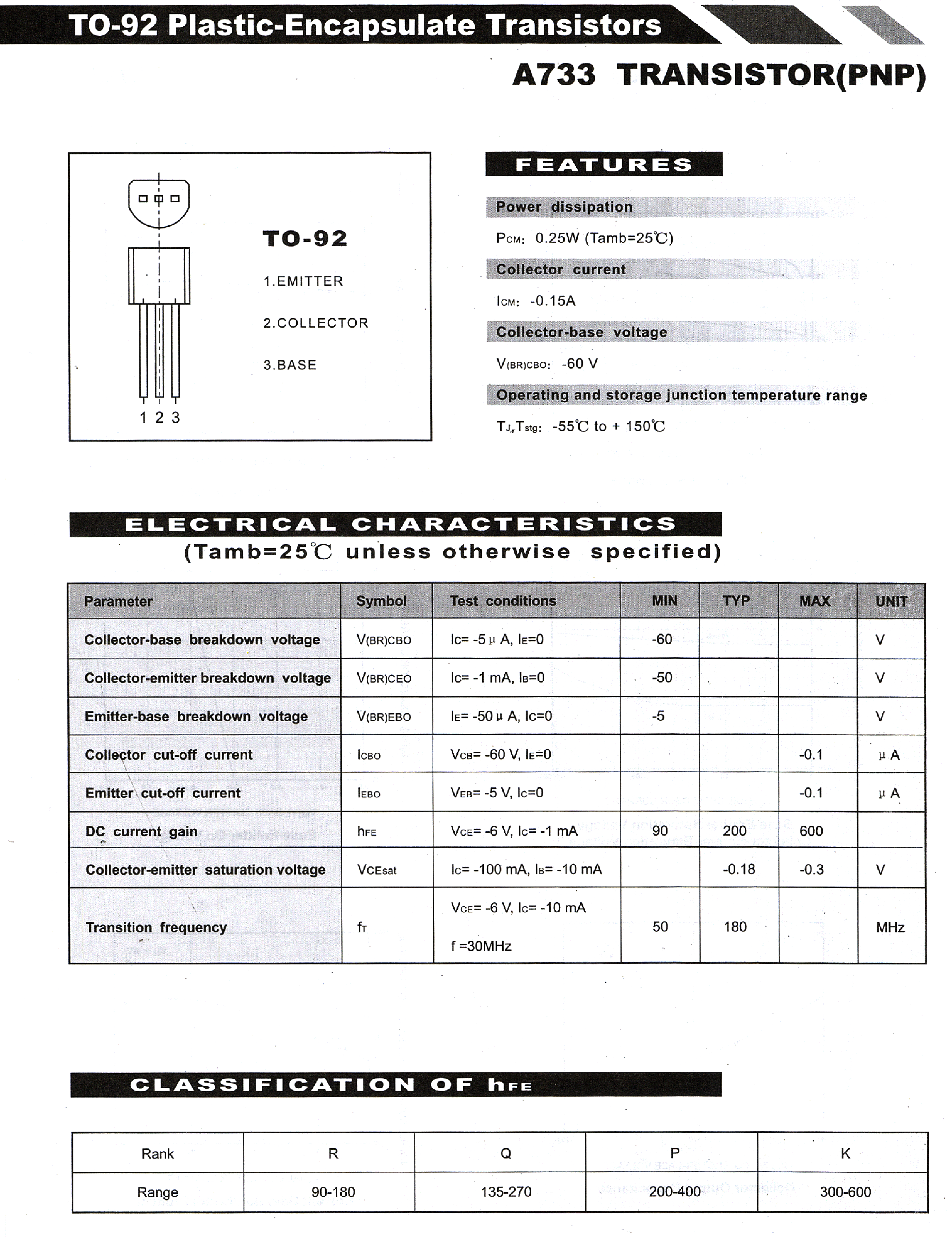 Даташит A733 - TO-92 Plastic-Encapsulate Transistors страница 1