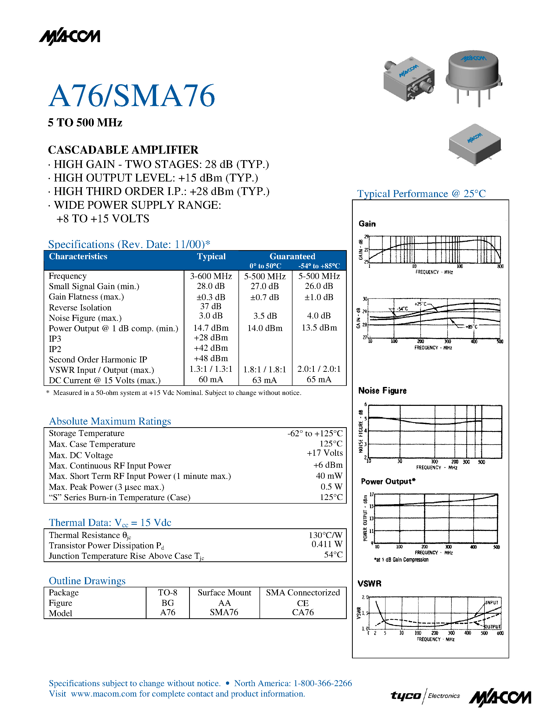 Datasheet A76 - 5 TO 500 MHz CASCADABLE AMPLIFIER page 1
