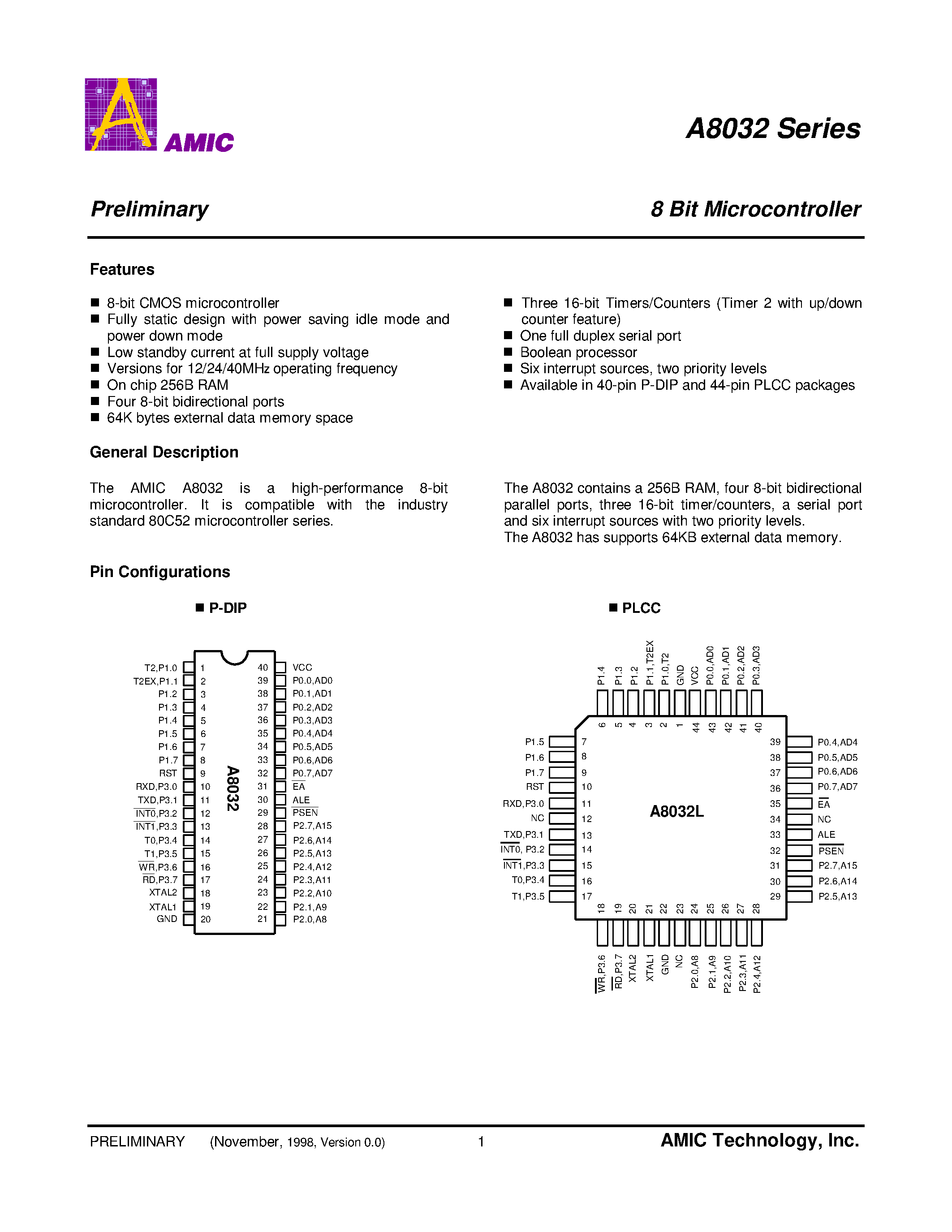 Datasheet A8032L-40 page 2 Datasheet A8032L-40 - 8 Bit Microcontroller page 2