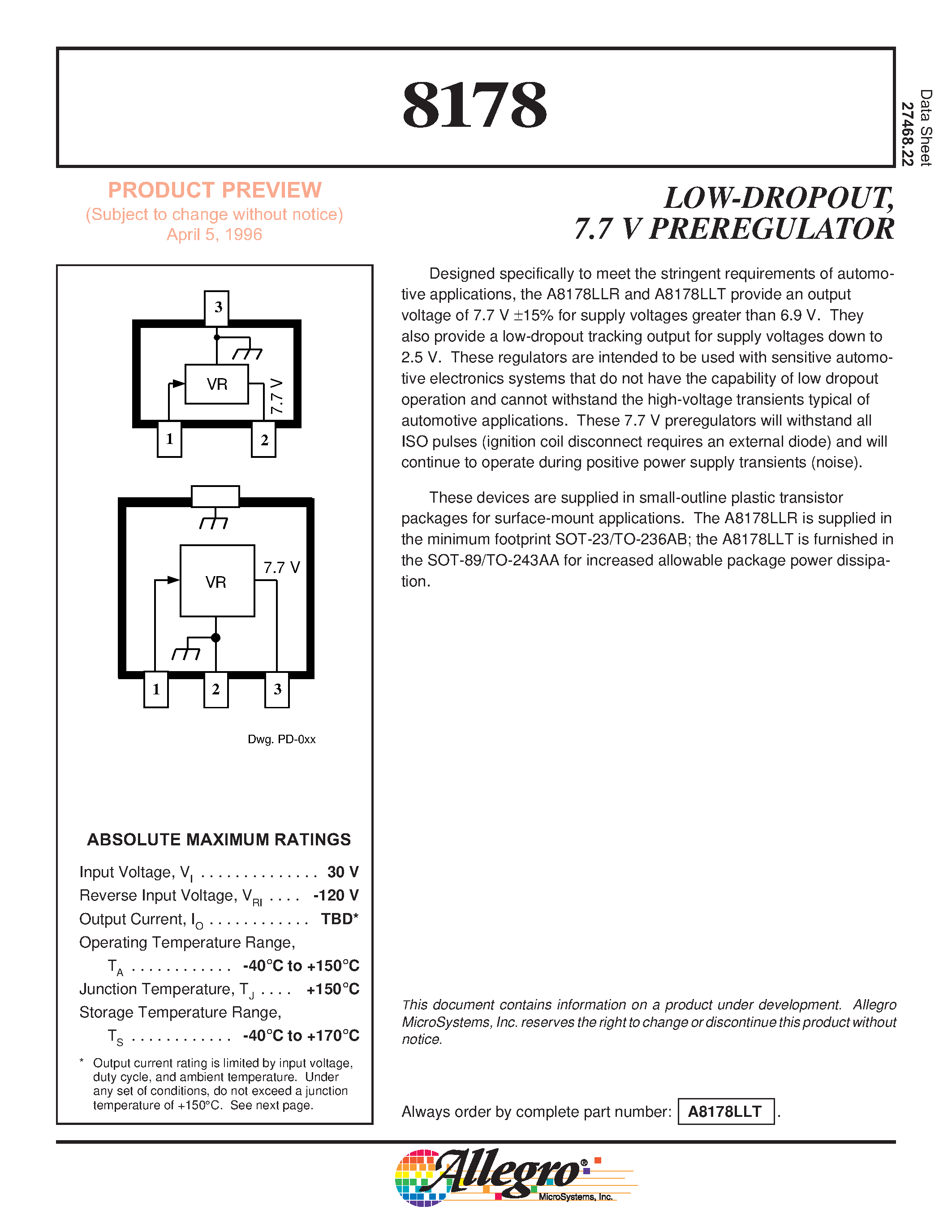 Datasheet A8178LLR - LOW-DROPOUT/ 7.7 V PREREGULATOR page 1