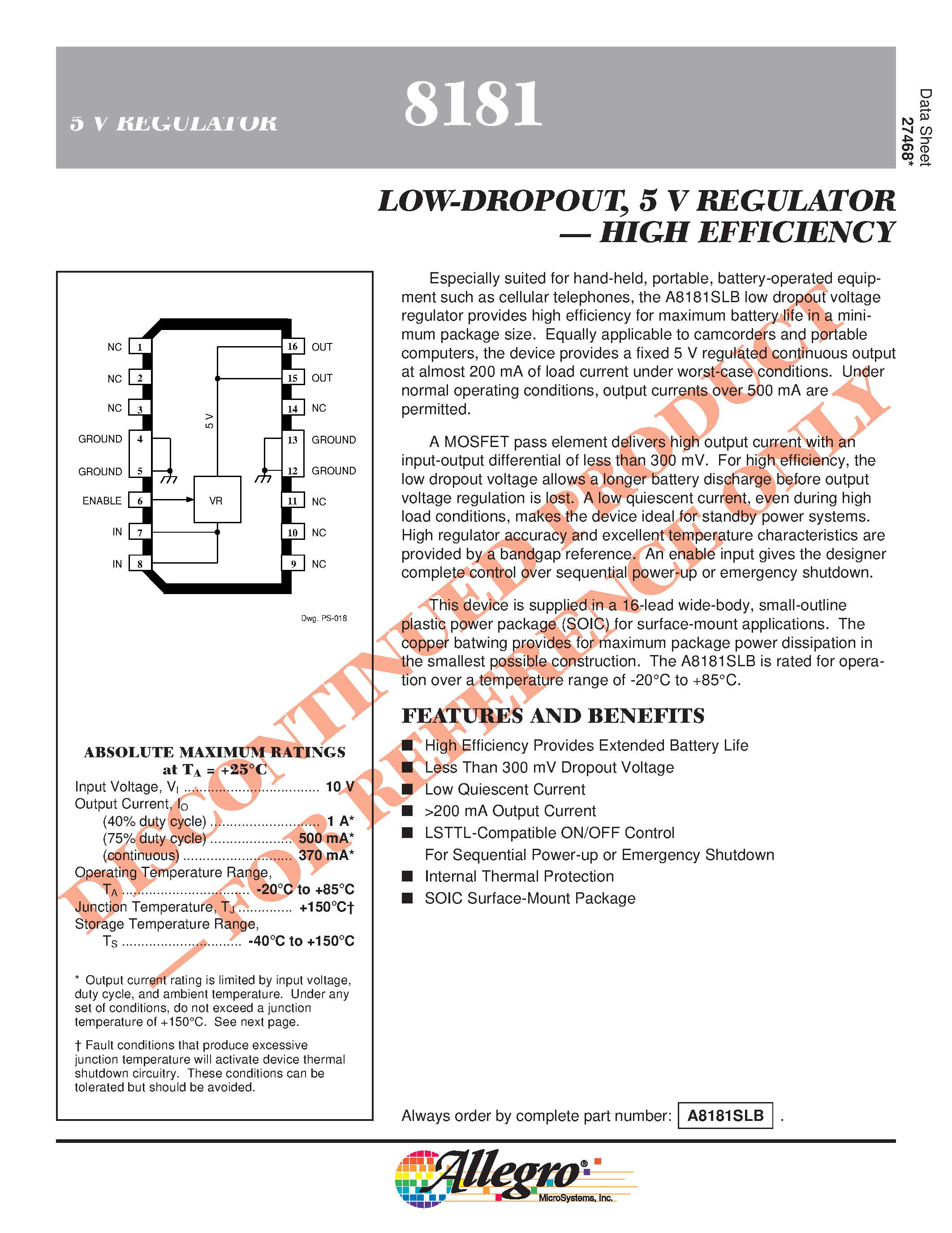 Datasheet A8181SLB - LOW-DROPOUT/ 5 V REGULATOR . HIGH EFFICIENCY page 1