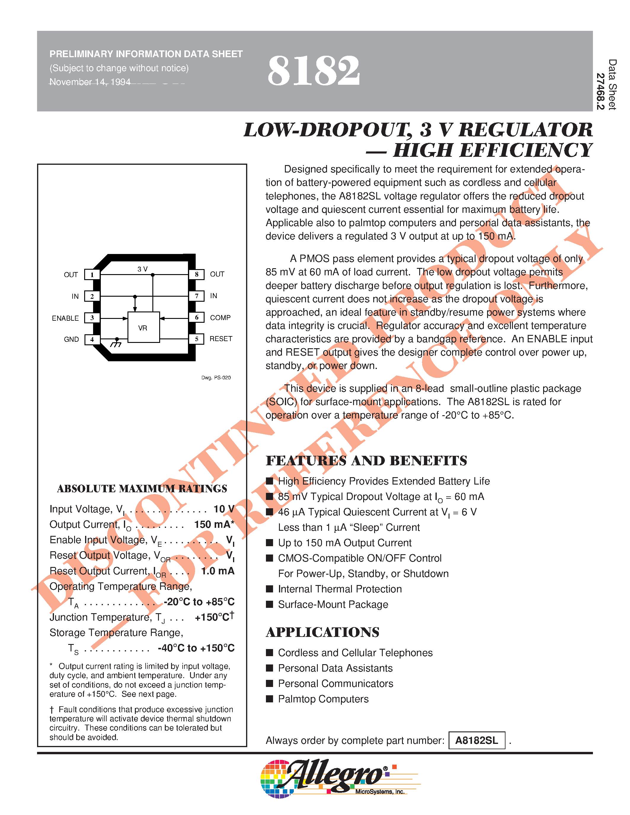 Datasheet A8182SL - LOW-DROPOUT/ 3 V REGULATOR . HIGH EFFICIENCY page 1