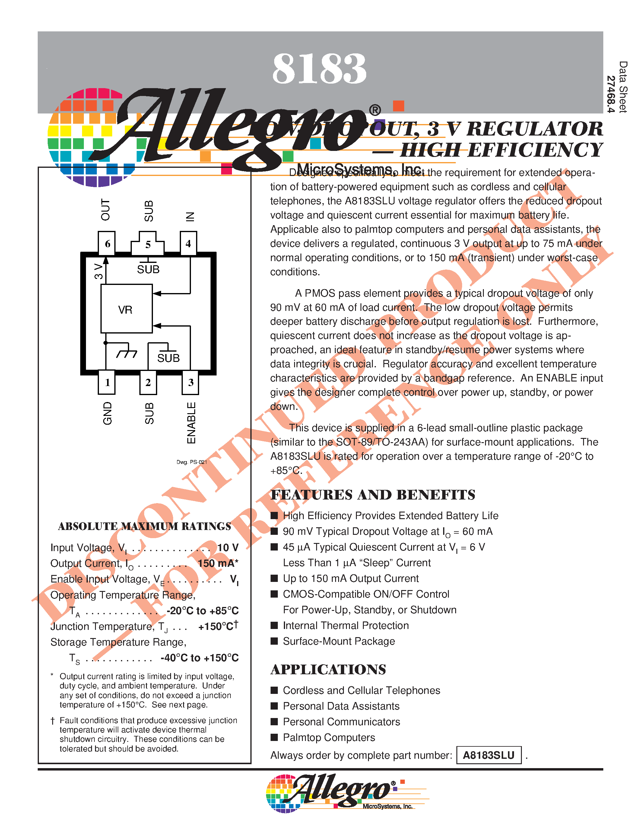 Datasheet A8183SLU - LOW-DROPOUT/ 3 V REGULATOR . HIGH EFFICIENCY page 1