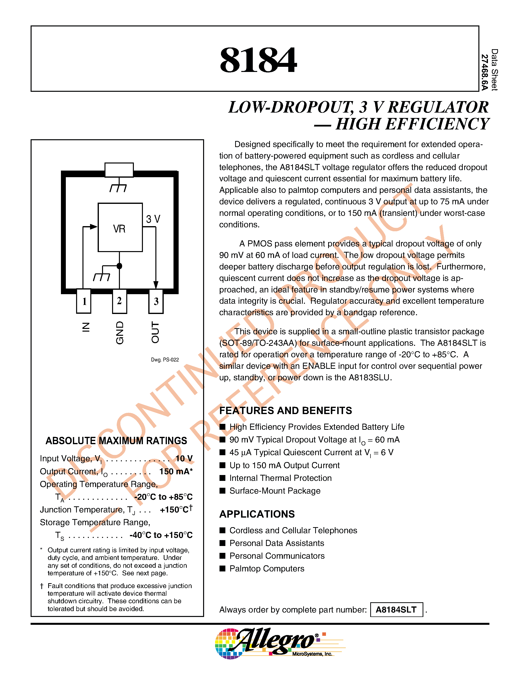 Datasheet A8184SLT - LOW-DROPOUT/ 3 V REGULATOR . HIGH EFFICIENCY page 1