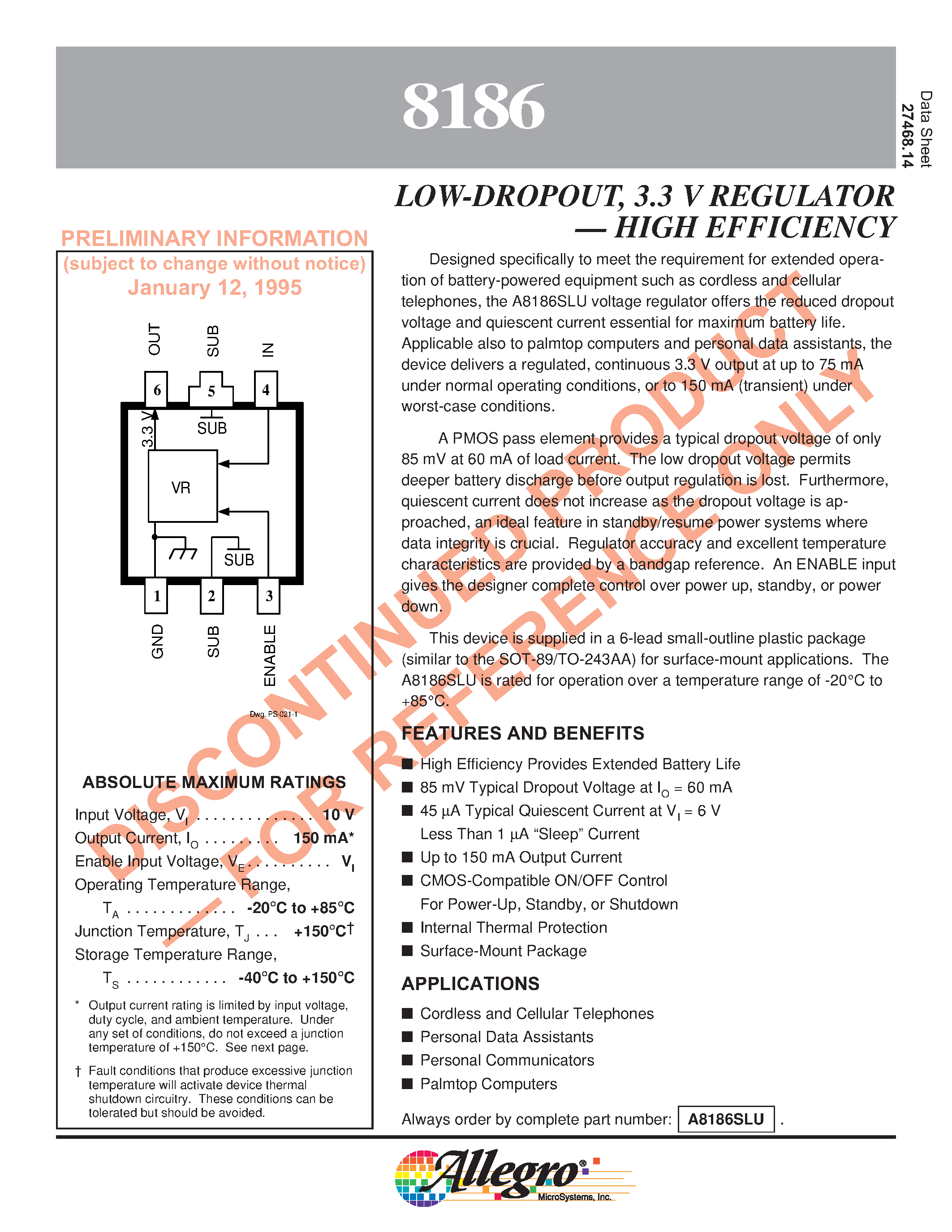 Datasheet A8186SLU - LOW-DROPOUT/ 3.3 V REGULATOR . HIGH EFFICIENCY page 1