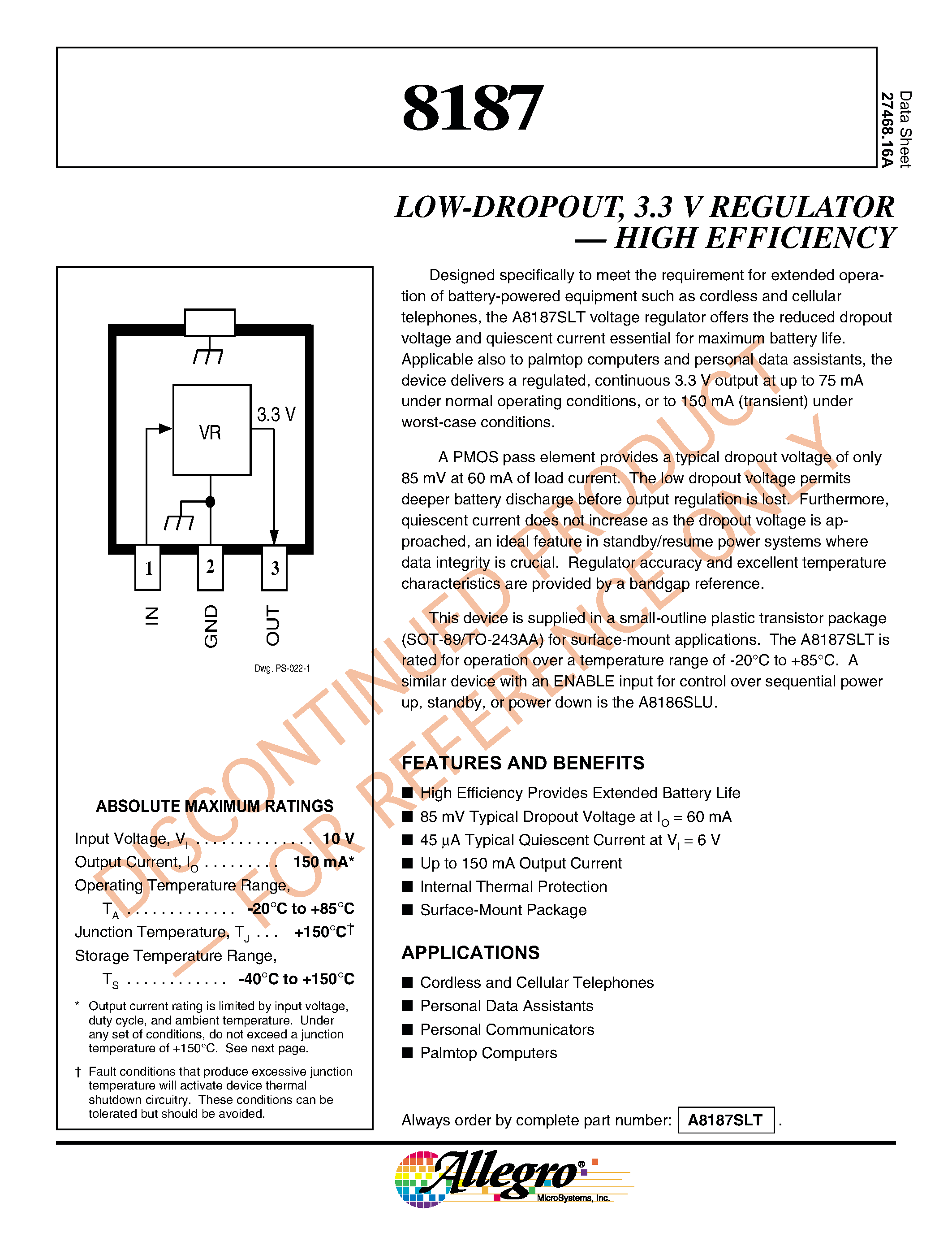 Datasheet A8187SLT - LOW-DROPOUT/ 3.3 V REGULATOR . HIGH EFFICIENCY page 1