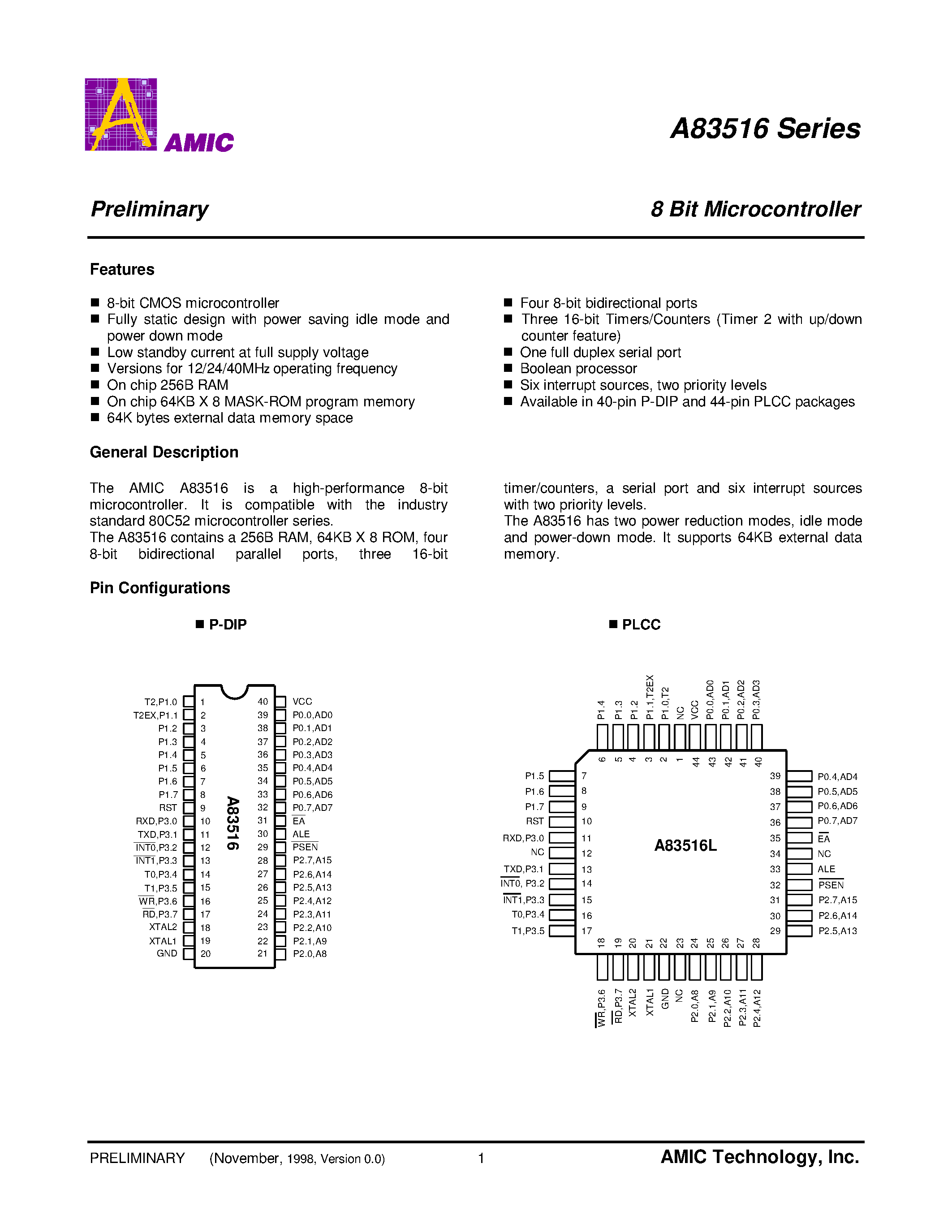 Datasheet A83516 - 8 Bit Microcontroller page 2