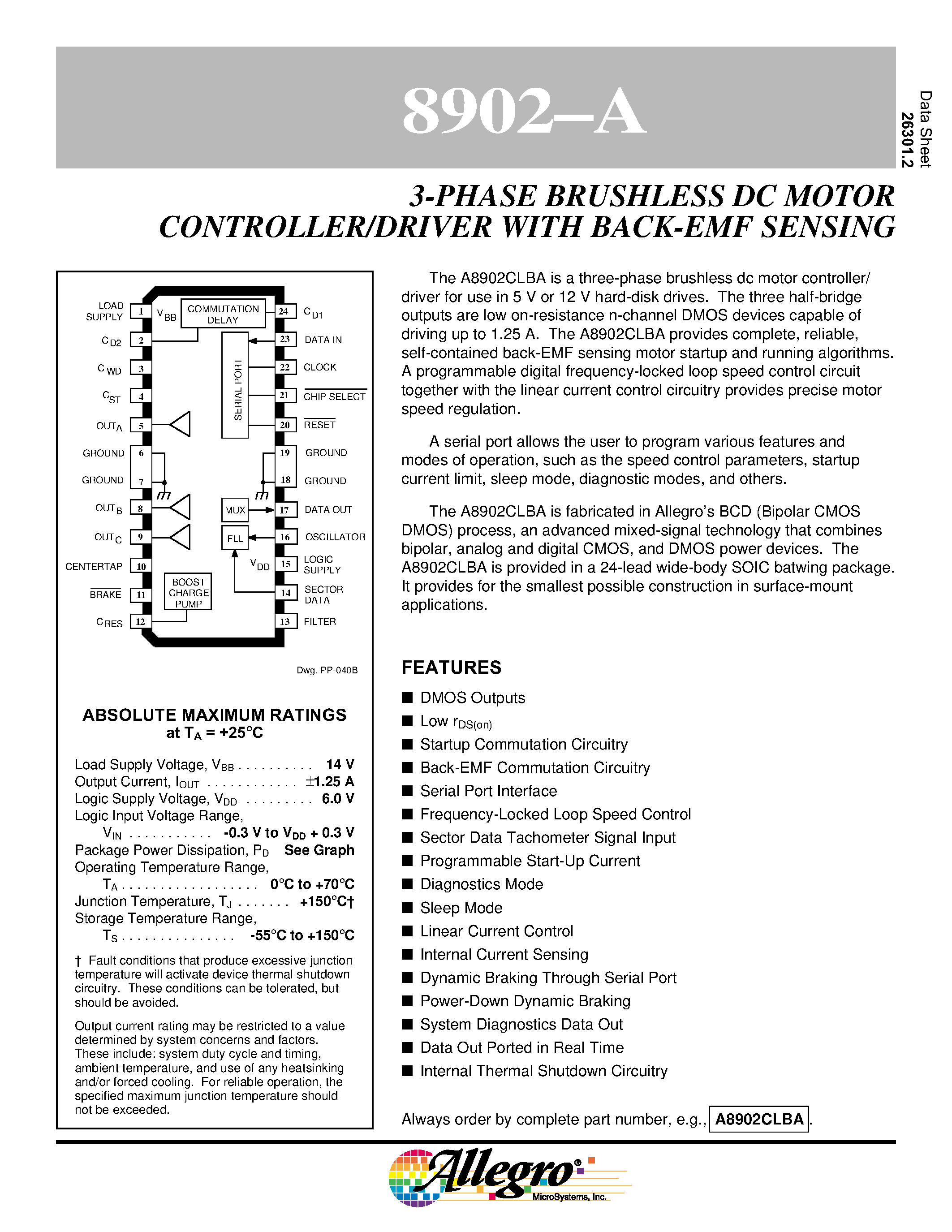 Datasheet A8902 - 3-PHASE BRUSHLESS DC MOTOR CONTROLLER/DRIVER WITH BACK-EMF SENSING page 1