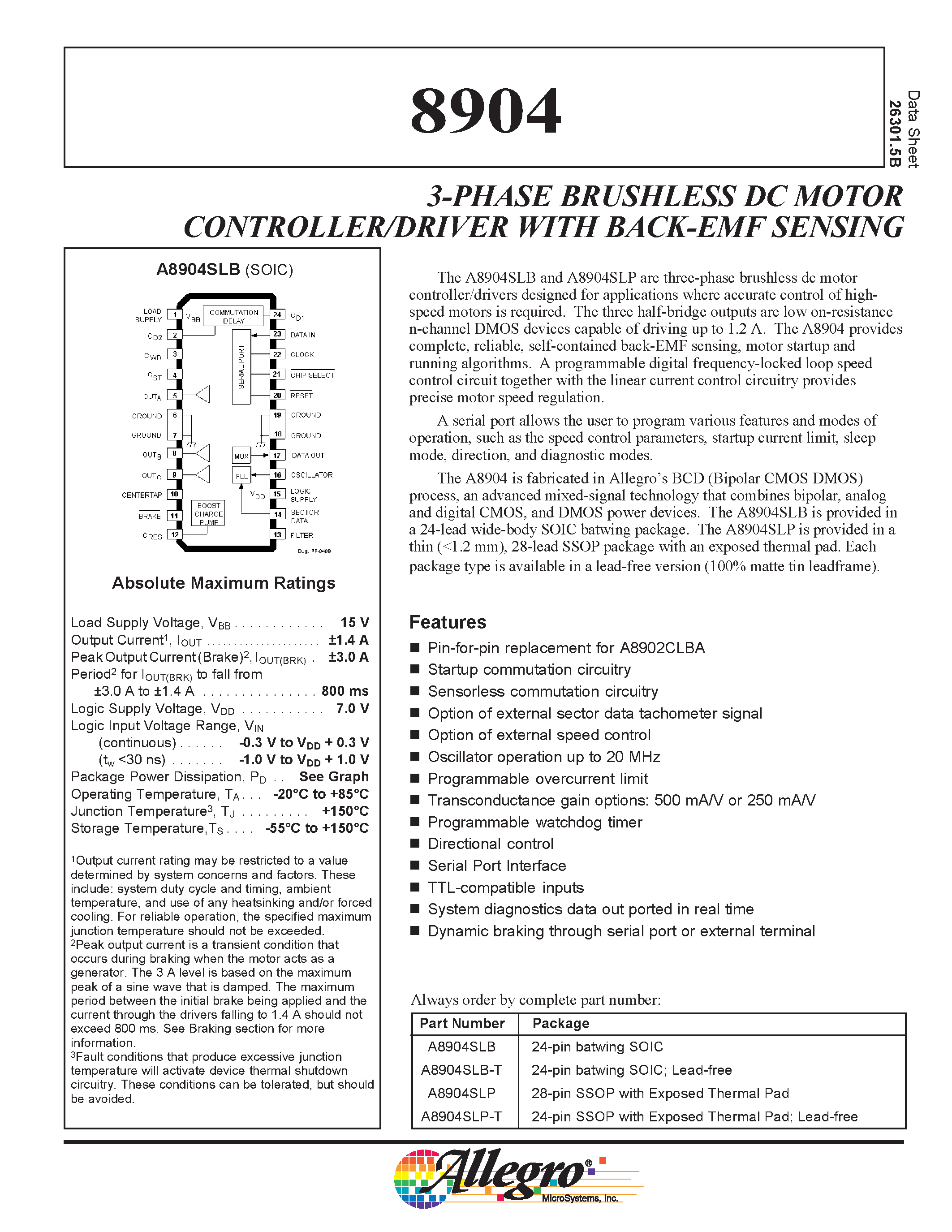 Datasheet A8904 - 3-PHASE BRUSHLESS DC MOTOR CONTROLLER/DRIVER WITH BACK-EMF SENSING page 1