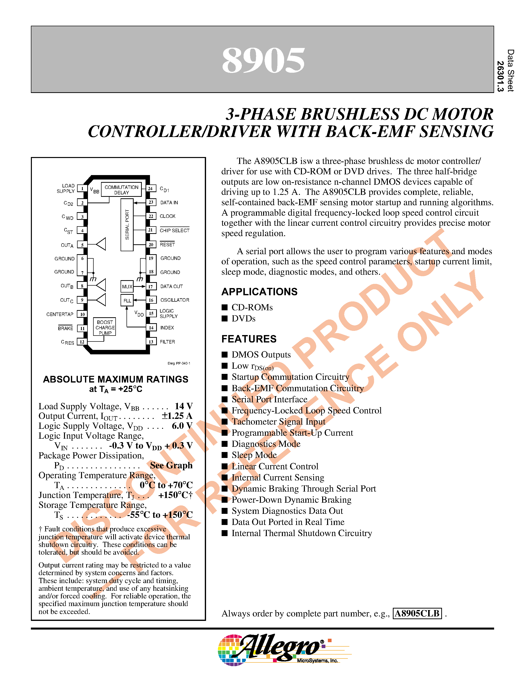 Datasheet A8905CLB - 3-PHASE BRUSHLESS DC MOTOR CONTROLLER/DRIVER WITH BACK-EMF SENSING page 1