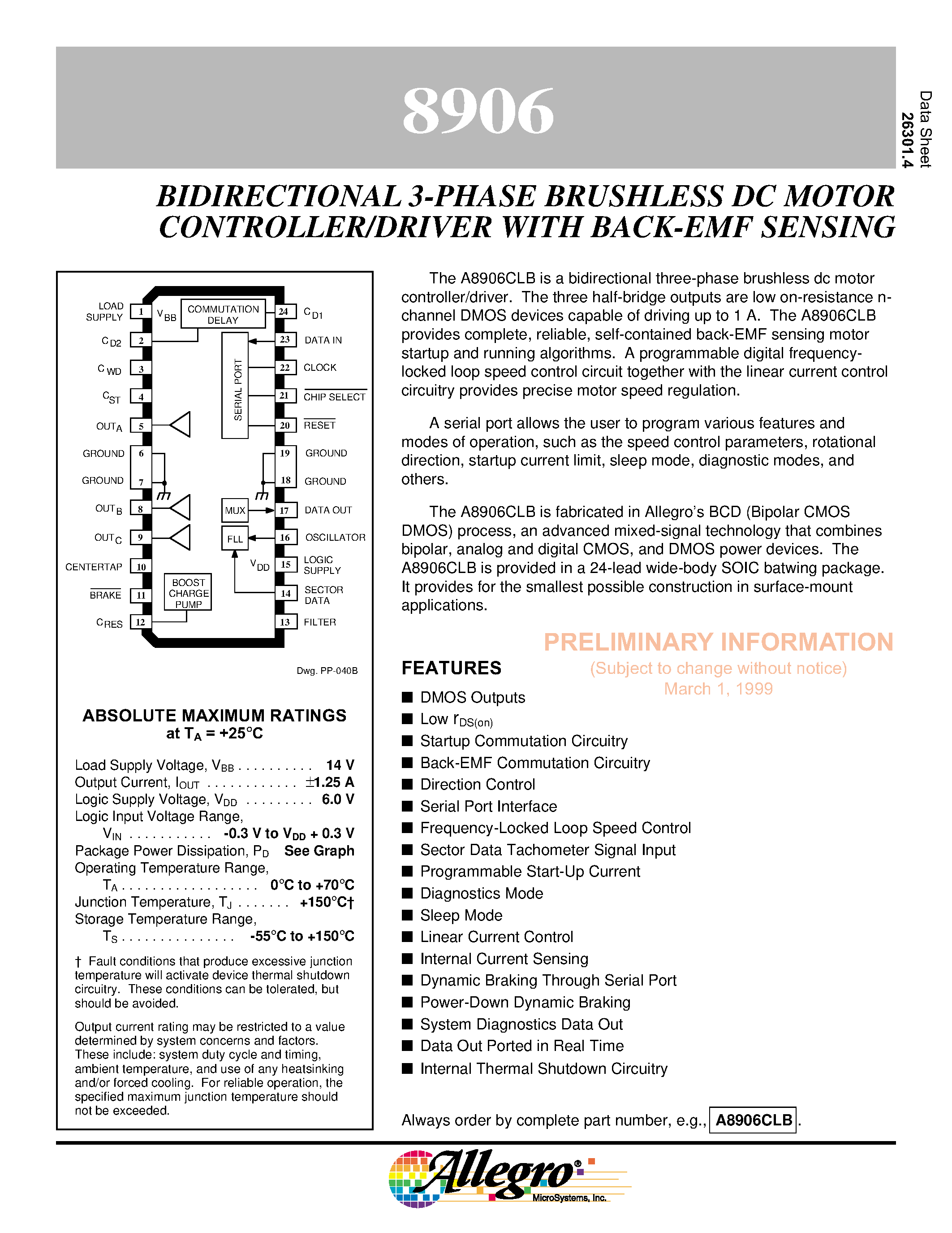 Datasheet A8906CLB - BIDIRECTIONAL 3-PHASE BRUSHLESS DC MOTOR CONTROLLER/DRIVER WITH BACK-EMF SENSING page 1