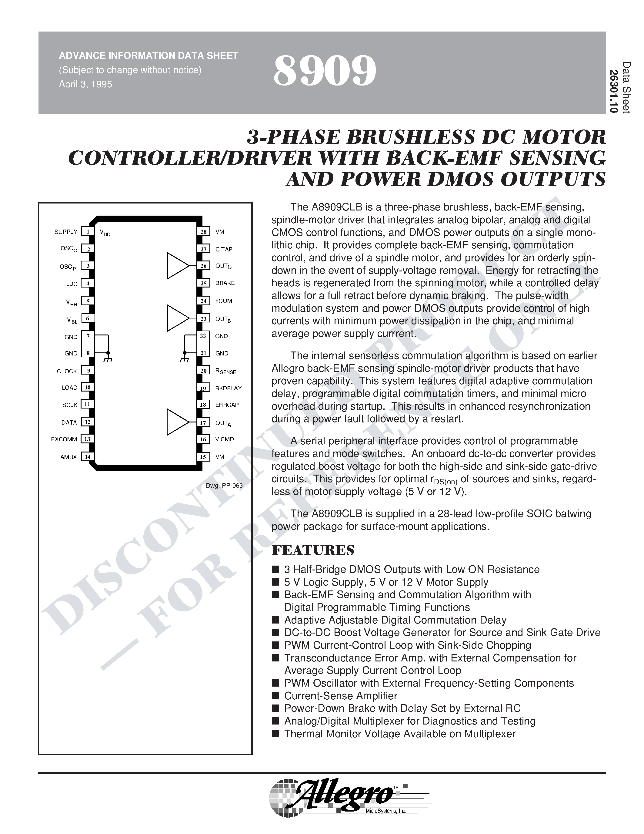 Datasheet A8909CLB - 3-PHASE BRUSHLESS DC MOTOR CONTROLLER/DRIVER WITH BACK-EMF SENSING AND POWER DMOS OUTPUTS page 1