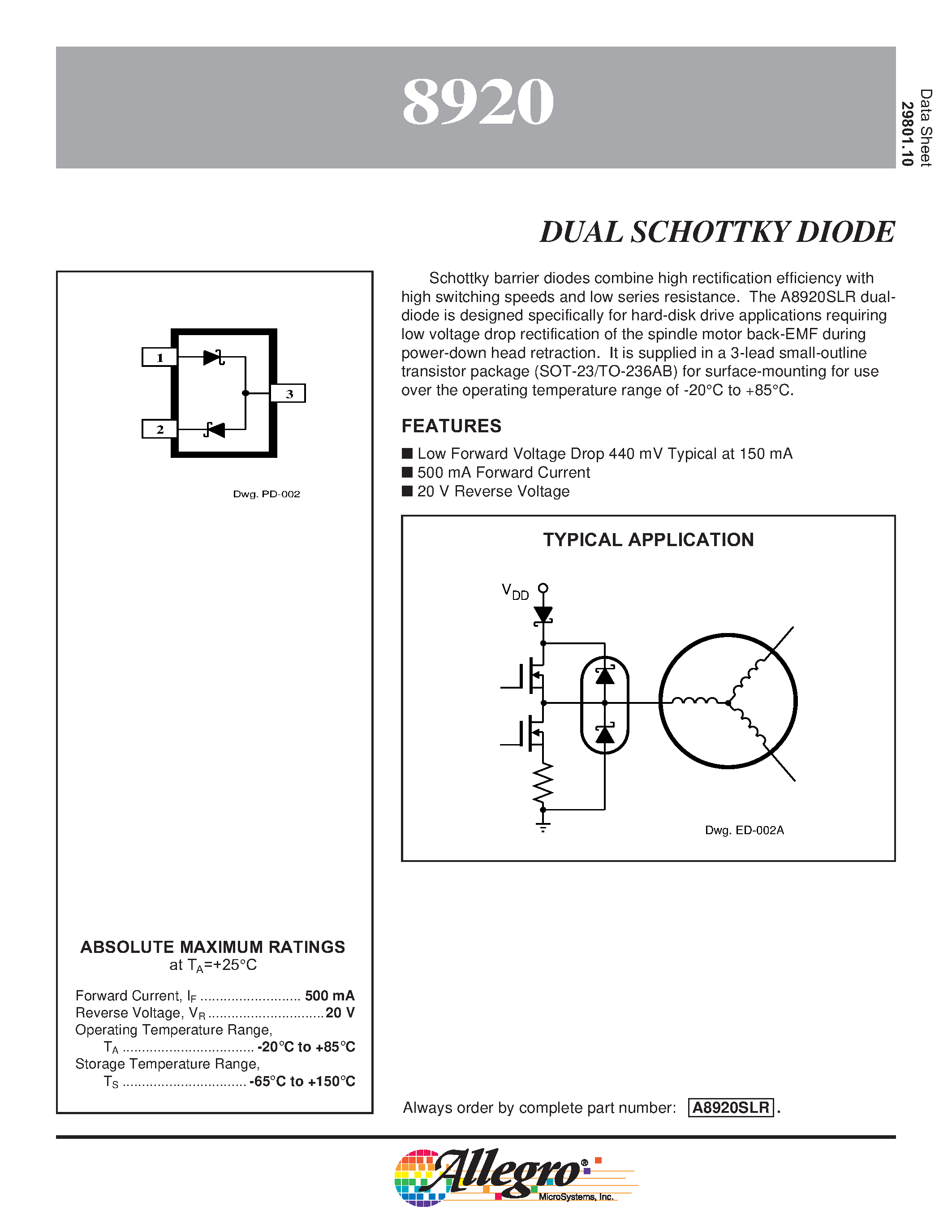 Datasheet A8920SLR - DUAL SCHOTTKY DIODE page 1