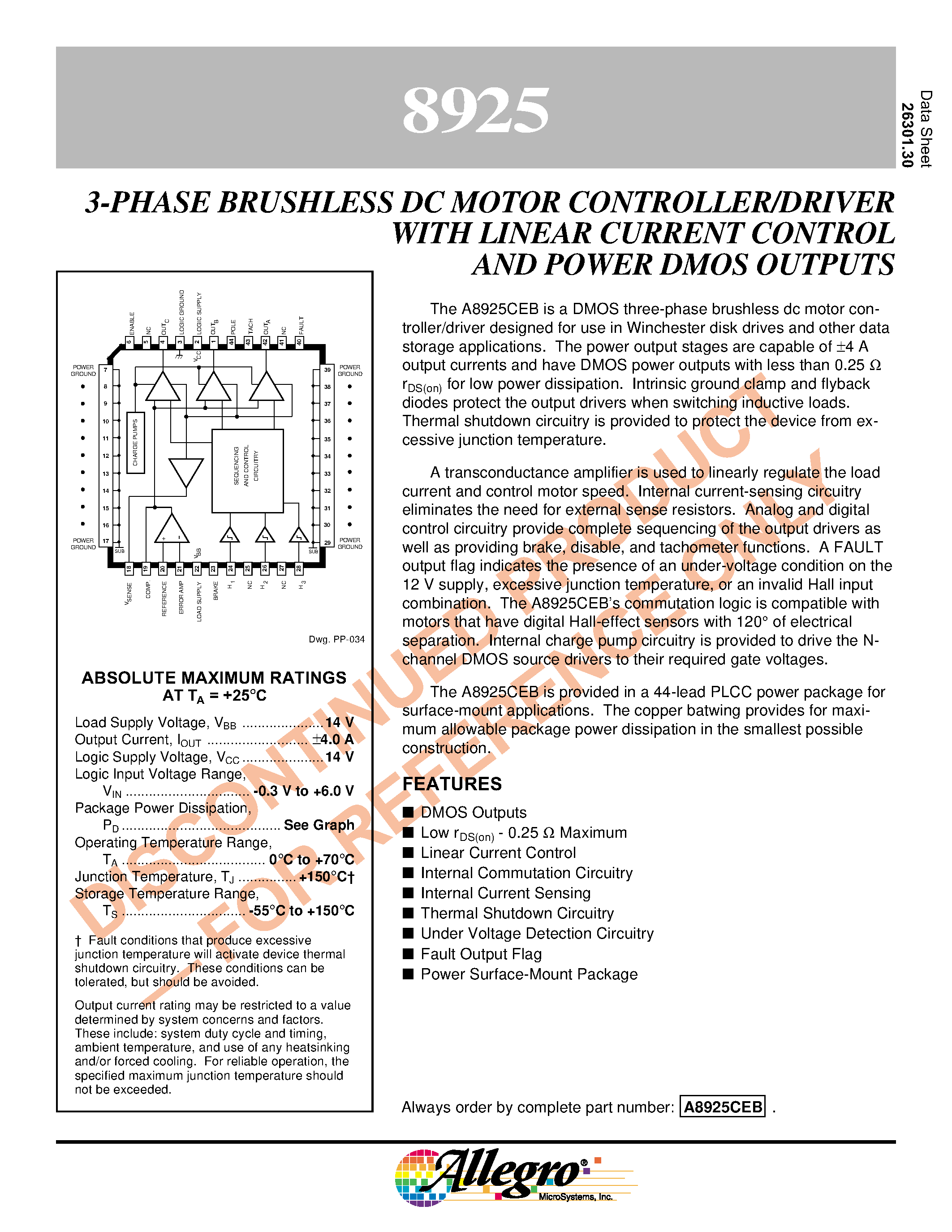 Datasheet A8925 - 3-PHASE BRUSHLESS DC MOTOR CONTROLLER/DRIVER WITH LINEAR CURRENT CONTROL AND POWER DMOS OUTPUTS page 1