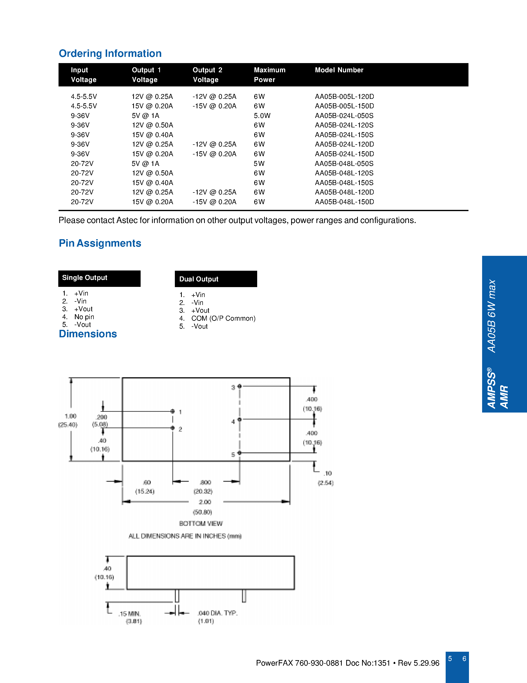 Datasheet AA05B-024L-050S - 6W max 4.5V or 24V or 48V inputs Single / Dual output page 2