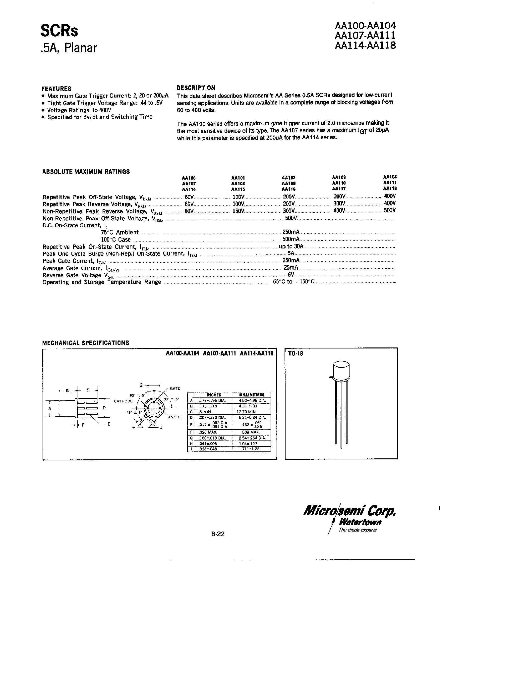 Datasheet AA108 - SCRs .5 A/ Planar page 1