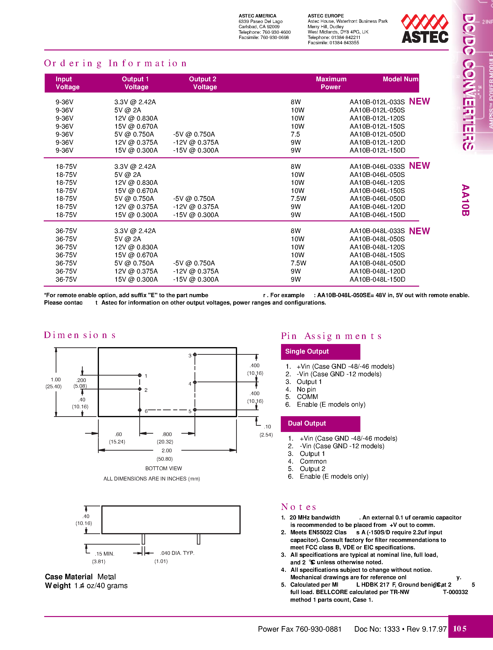 Datasheet AA10B-012L-150S - 10 Watts(NEW 3.3V Output) page 2