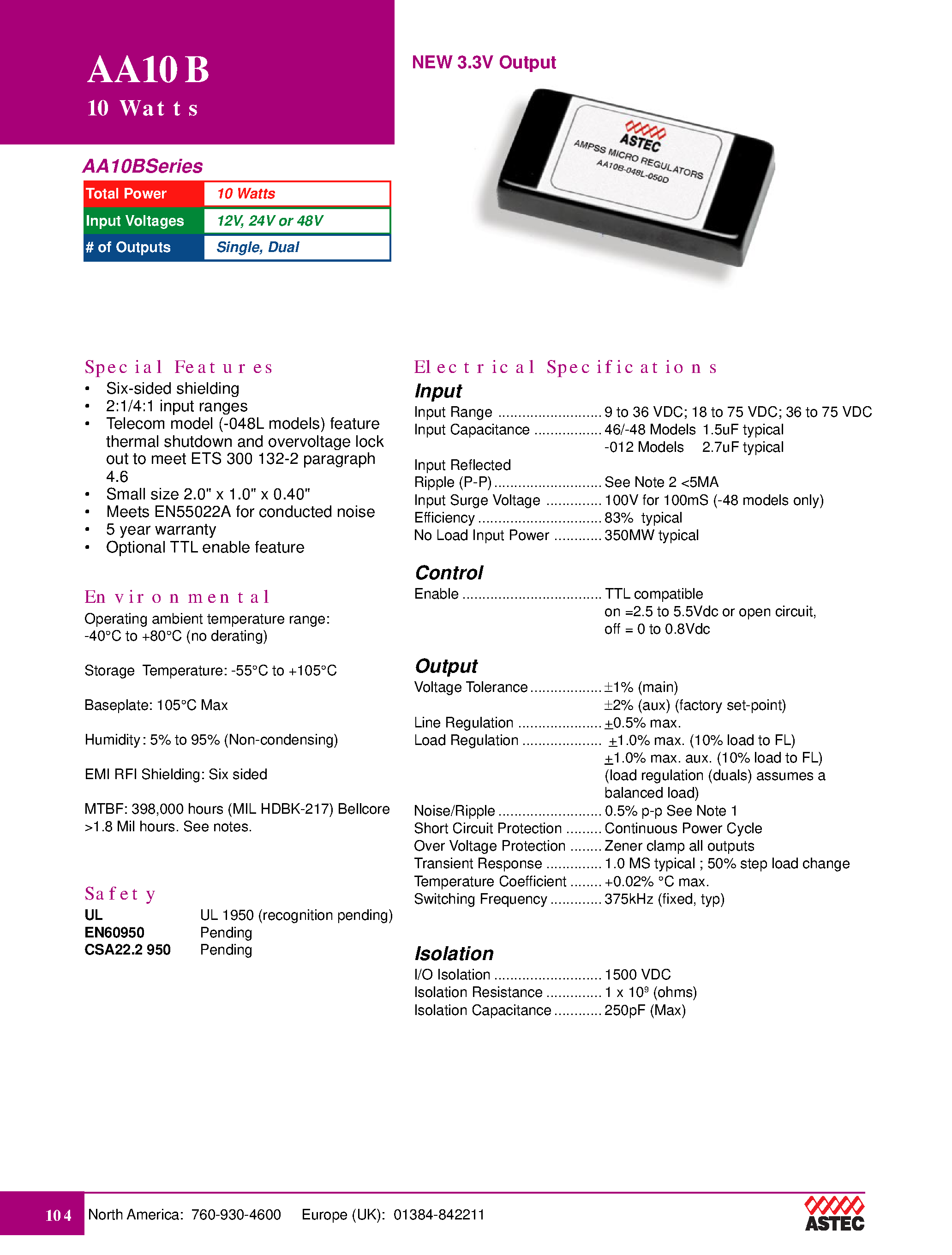 Datasheet AA10B-048L-120S - 10 Watts(NEW 3.3V Output) page 1