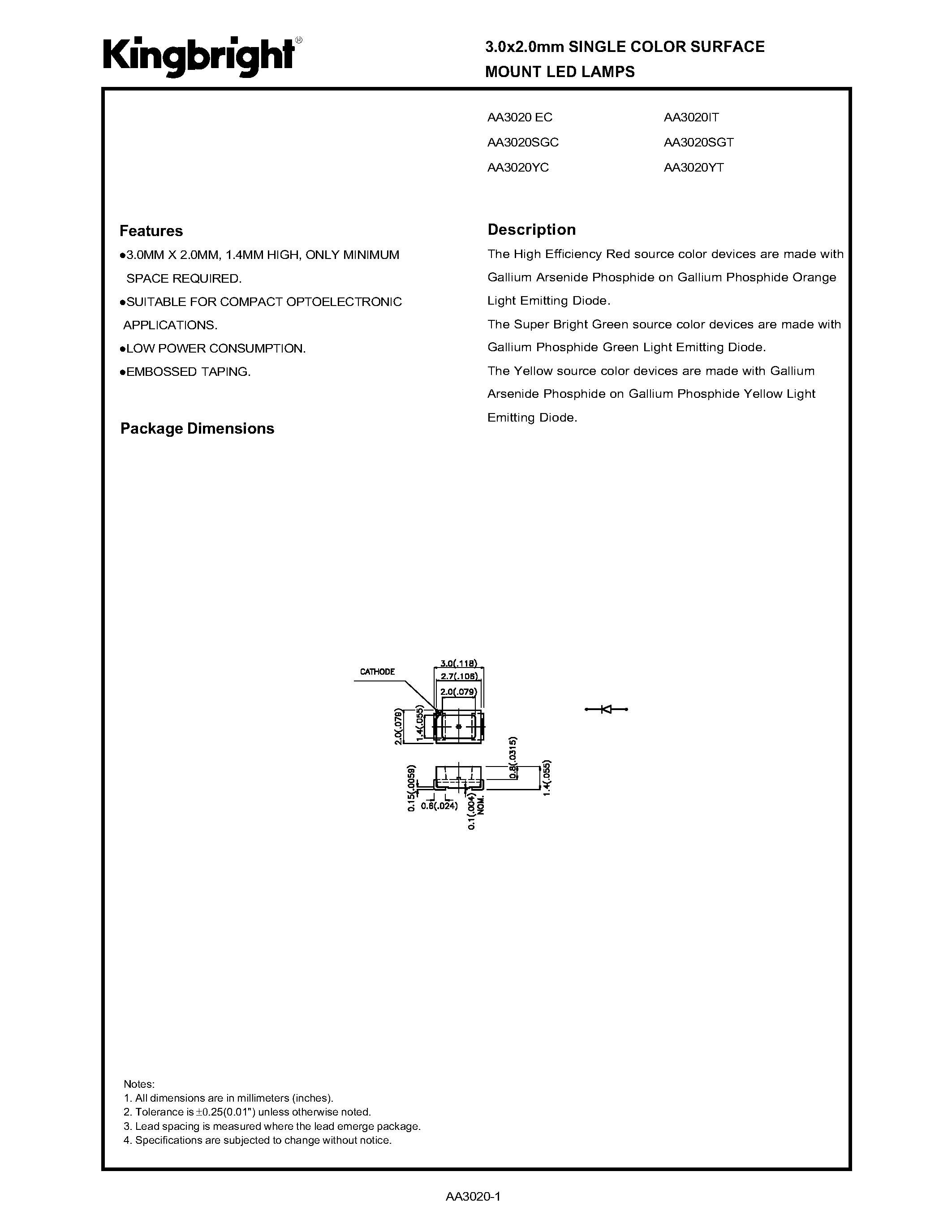 Datasheet AA3020IT - 3.0 X 2.0 MM SINGLE COLOR SURFACE MOUNT LED LAMPS page 1