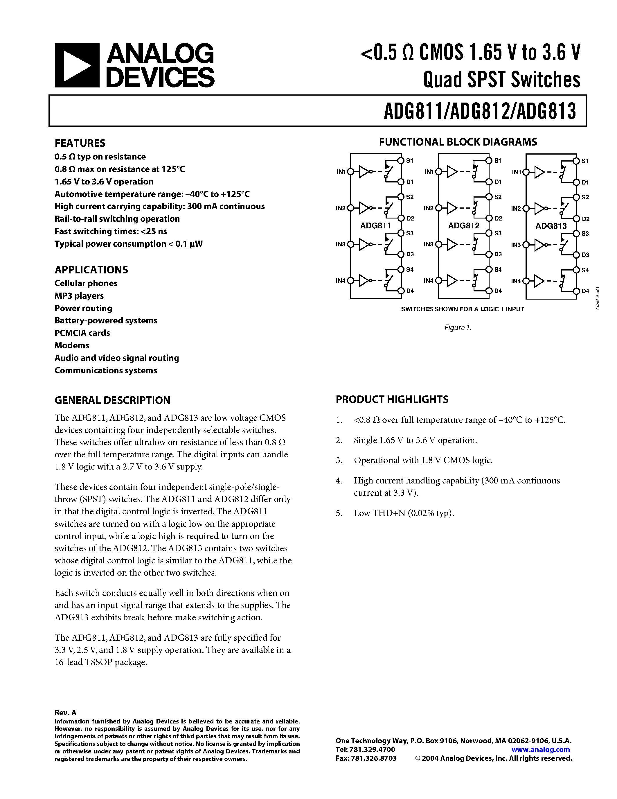 Datasheet AADG812YRU - 0.5 CMOS 1.65 V to 3.6 V Quad SPST Switches page 1