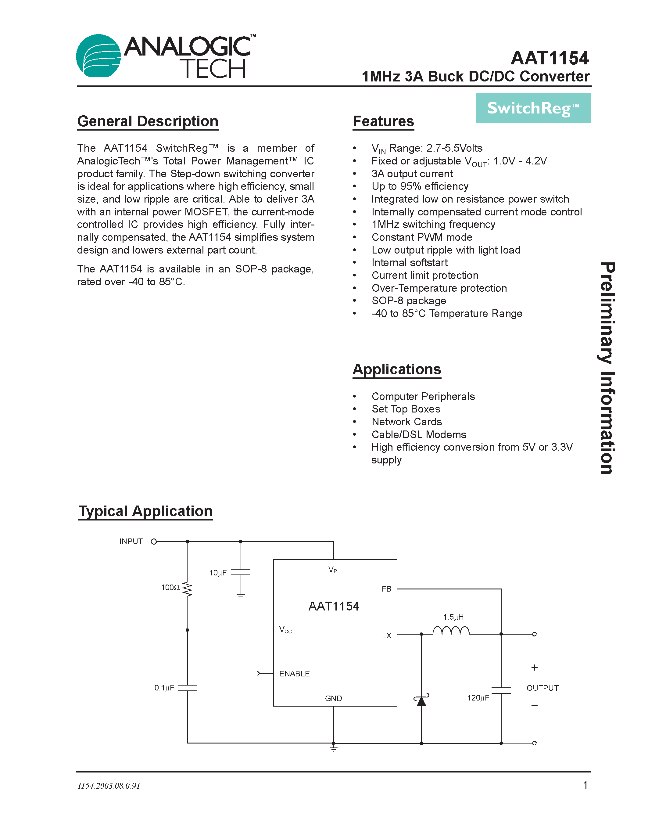 Datasheet AAT1154IAS-3.3-T1 page 1 Datasheet AAT1154IAS-3.3-T1 - 1MHz 3A Buck DC/DC Converter page 1