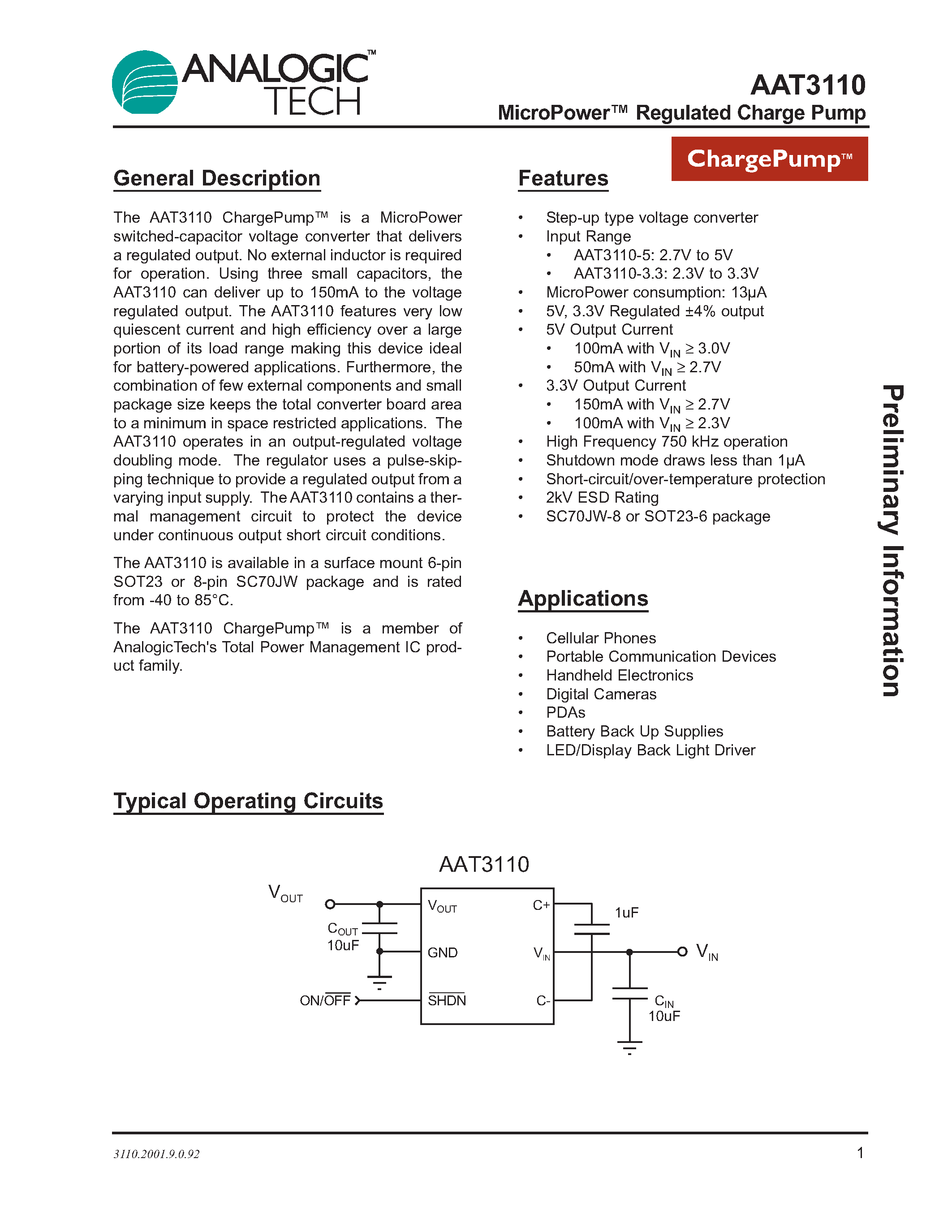 Datasheet AAT3110-5 - MicroPower Regulated Charge Pump page 1