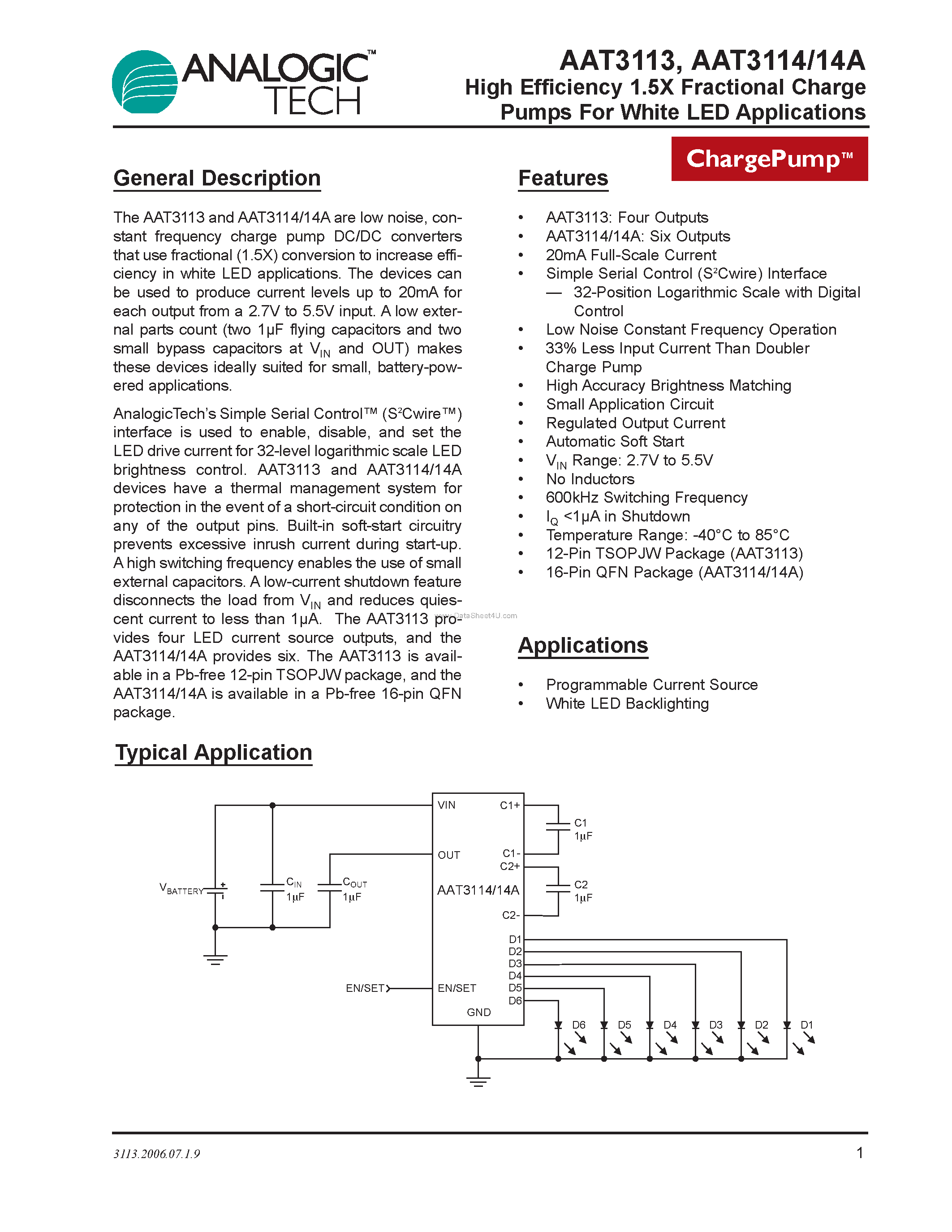Datasheet AAT3113 - High Efficiency 1.5X Fractional Charge Pumps For White LED Applications page 1