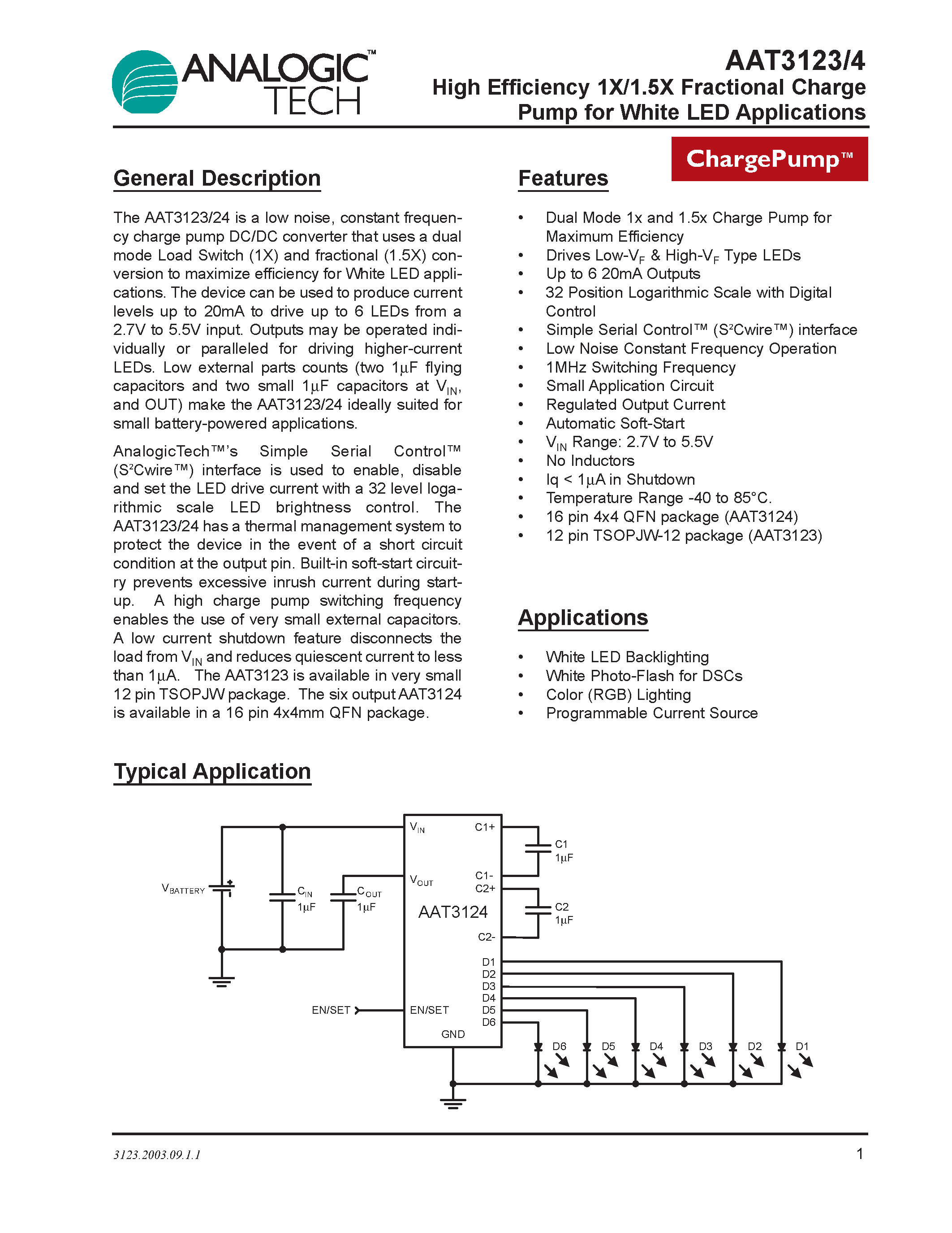 Datasheet AAT3123ITP-20-T1 - High Efficiency 1X/1.5X Fractional Charge Pump for White LED Applications page 1