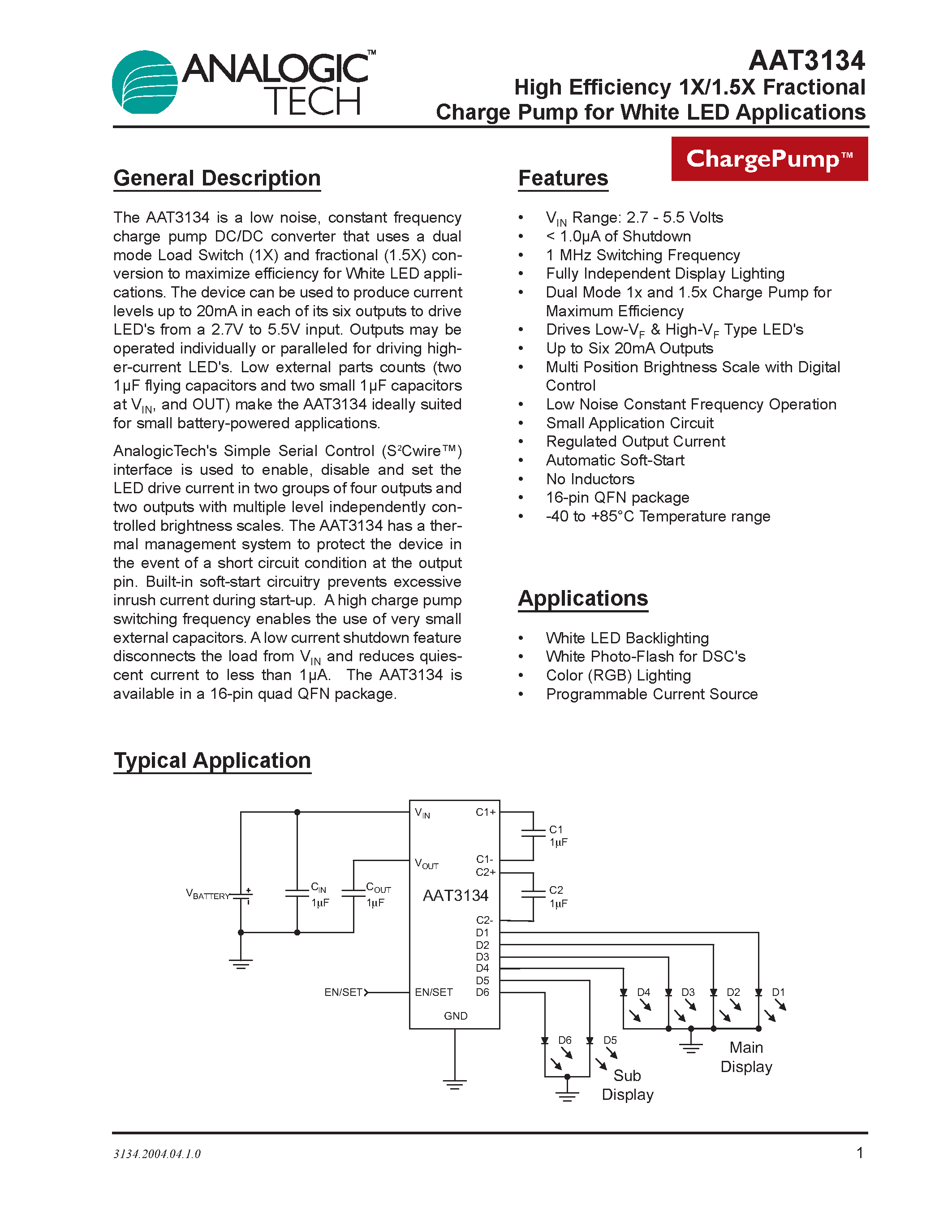 Datasheet AAT3134 - High Efficiency 1X/1.5X Fractional Charge Pump for White LED Applications page 1