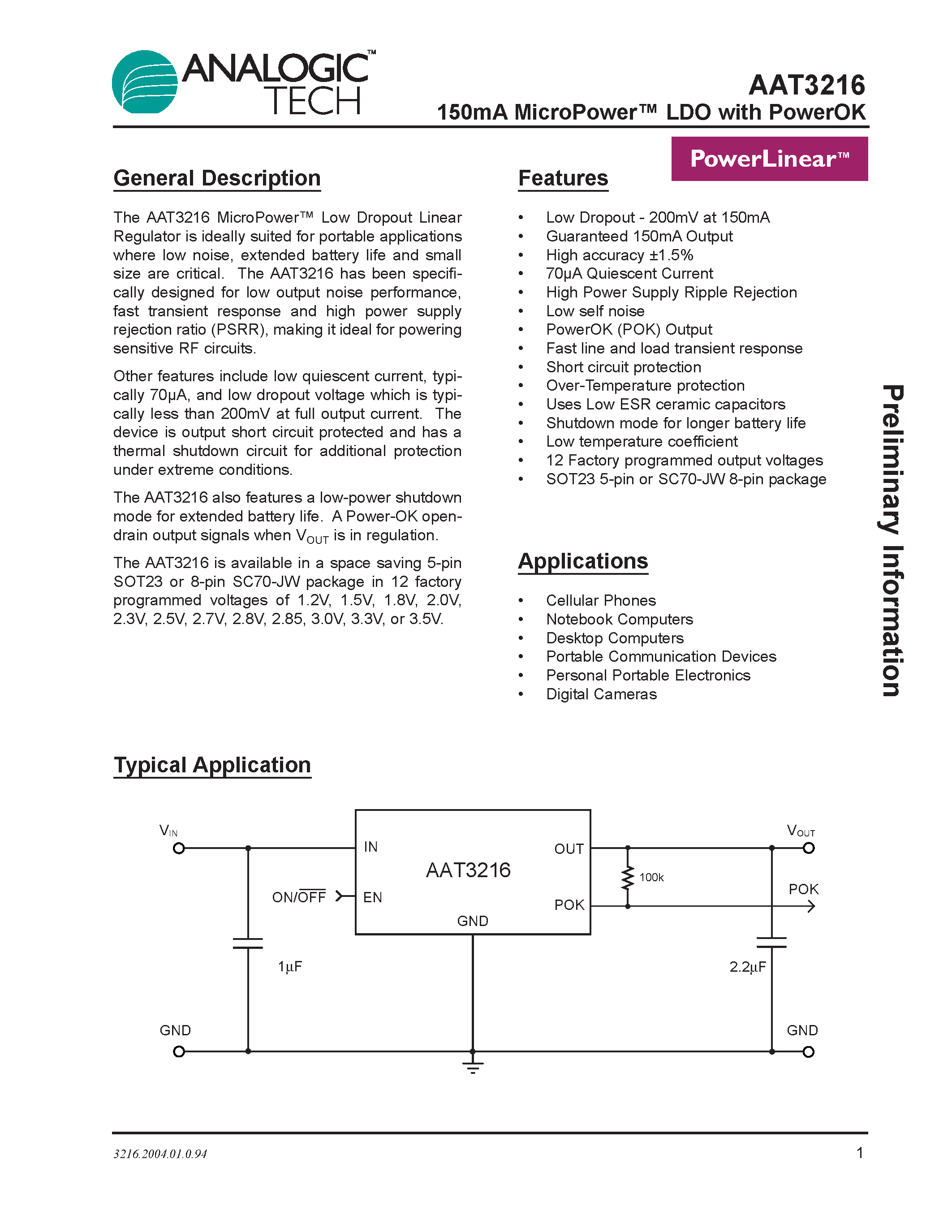 Datasheet AAT3216IGV-2.8-T1 - 150mA MicroPower LDO with PowerOK page 1