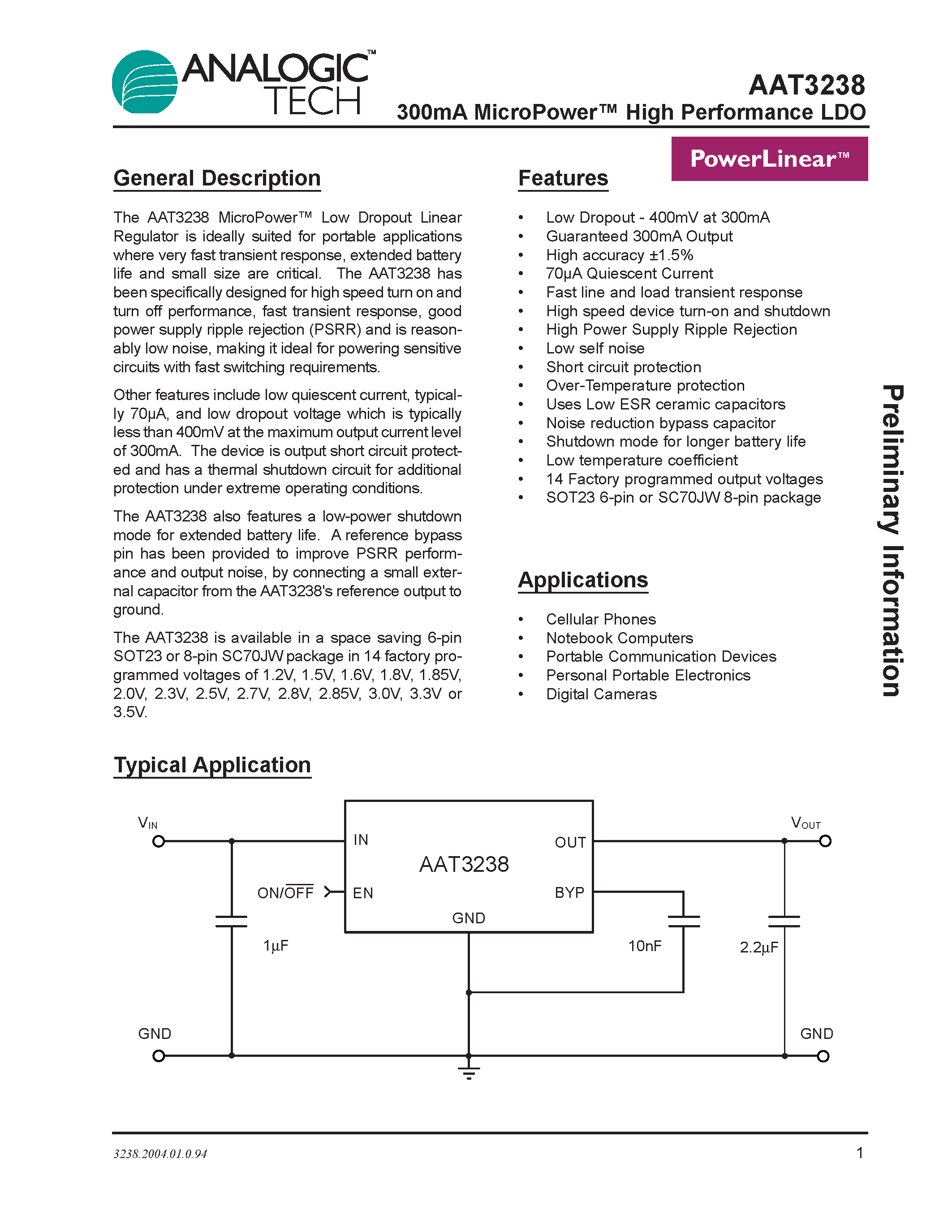 Datasheet AAT3238IGU-1.6-T1 - 300mA MicroPower High Performance LDO page 1