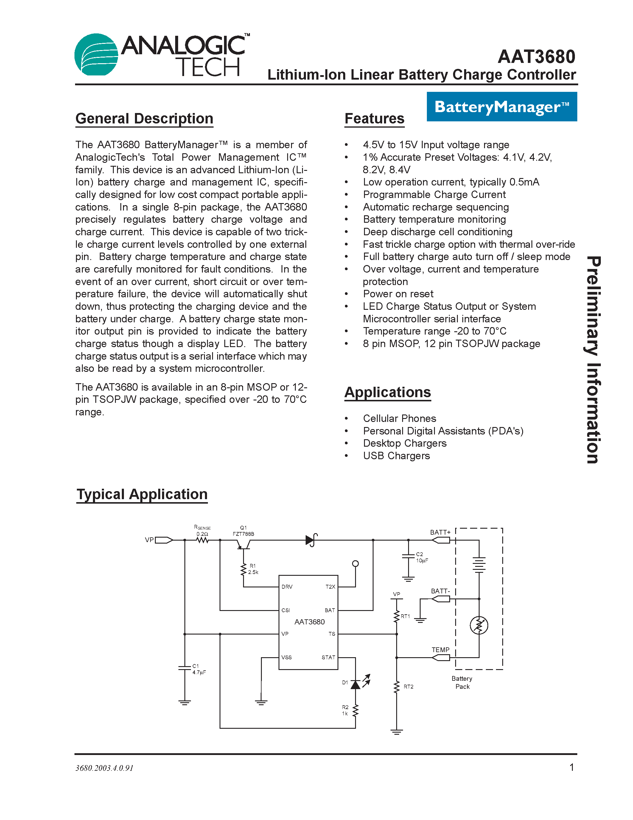 Datasheet AAT3680IKS-4.2-T1 page 1 Datasheet AAT3680IKS-4.2-T1 - Lithium-Ion Linear Battery Charge Controller page 1