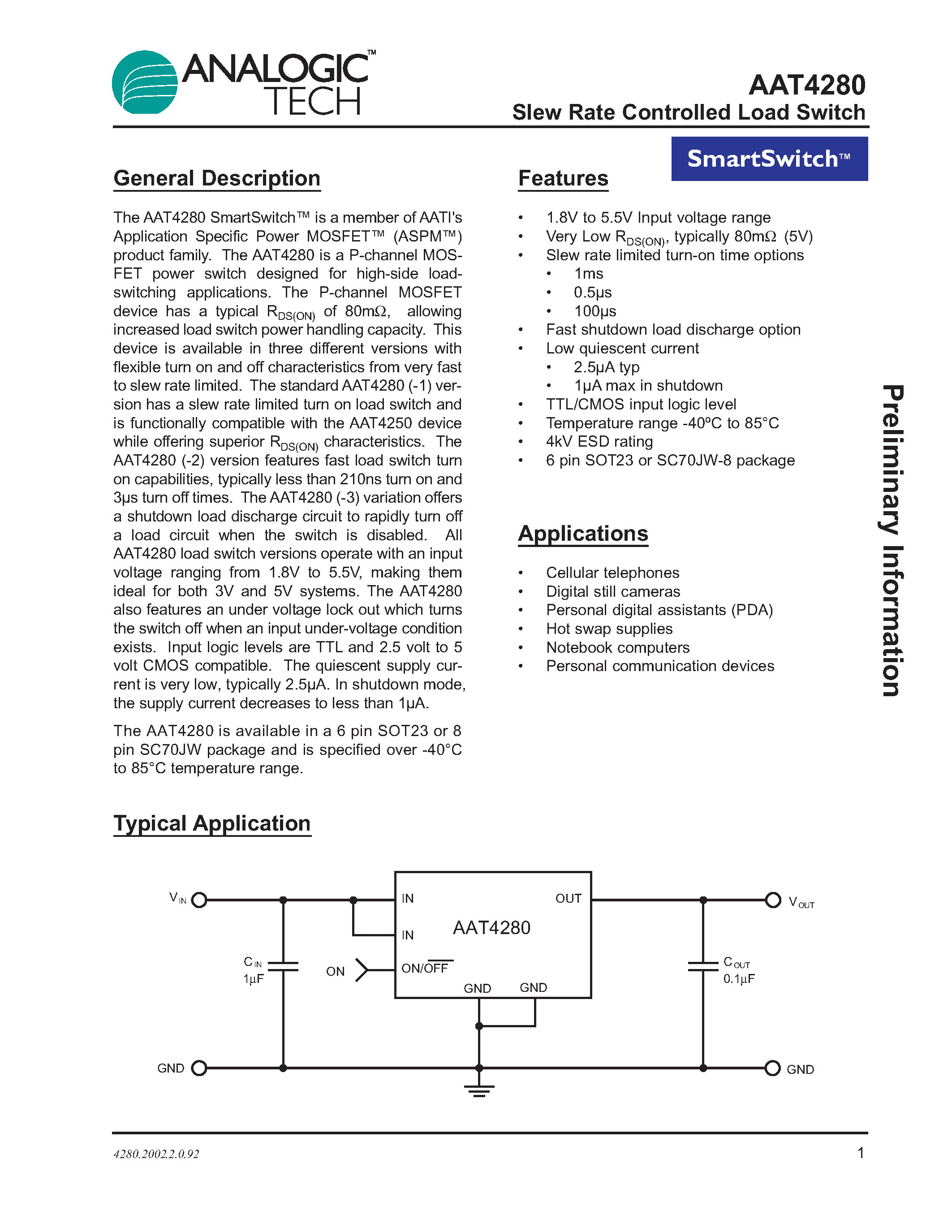 Datasheet AAT4280-3 page 1 Datasheet AAT4280-3 - Slew Rate Controlled Load Switch page 1