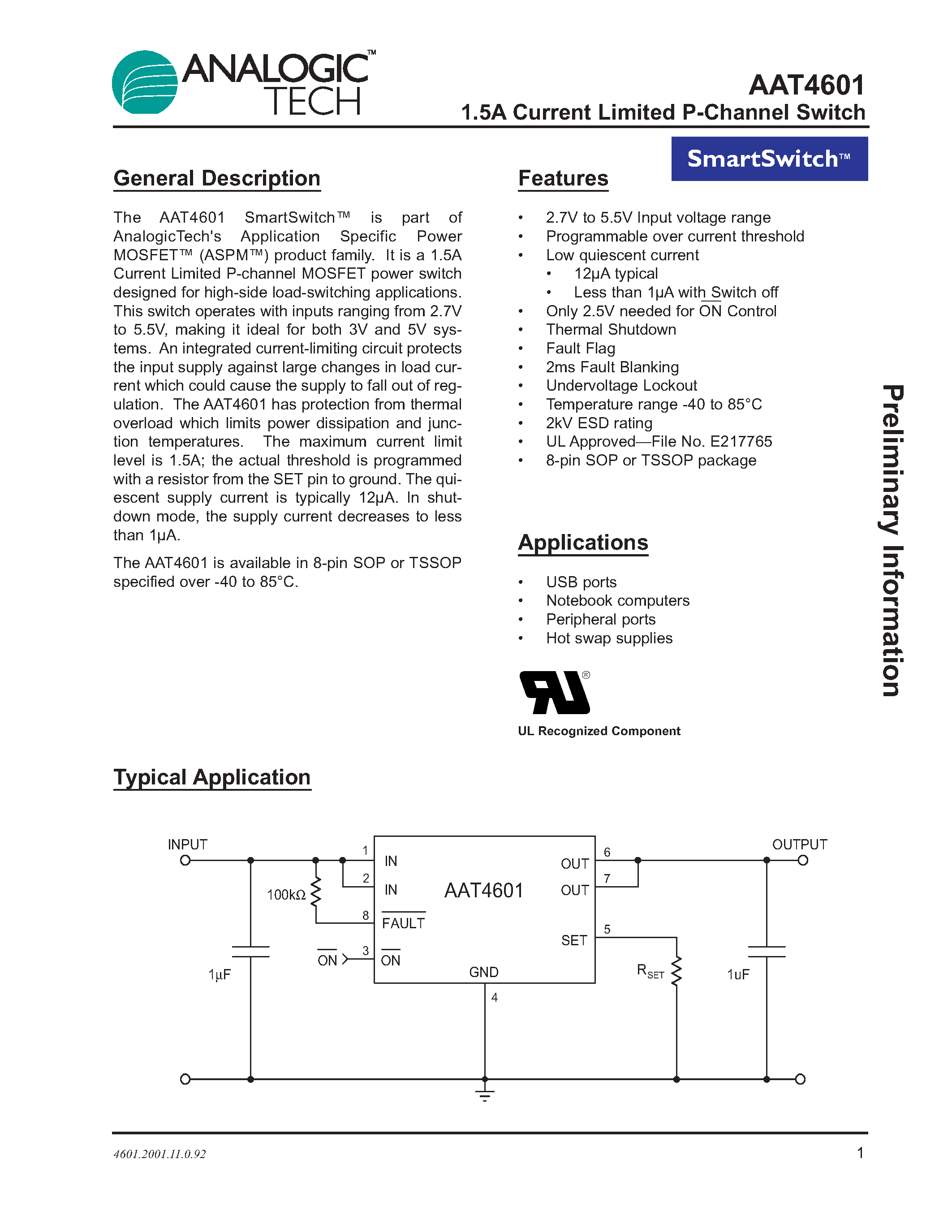 Даташит AAT4601IAS-B1 - 1.5A Current Limited P-Channel Switch страница 1