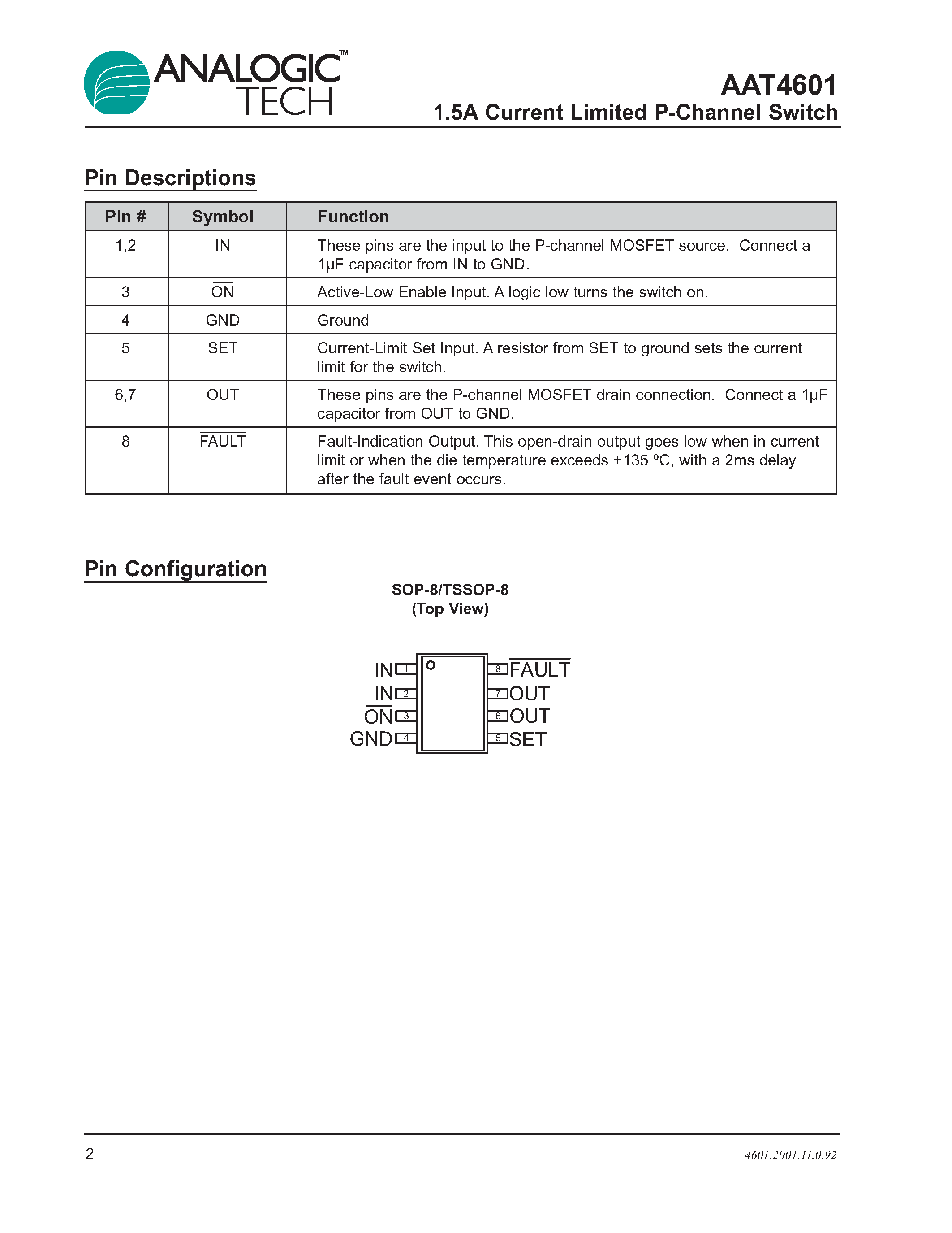 Datasheet AAT4601IAS-B1 - 1.5A Current Limited P-Channel Switch page 2
