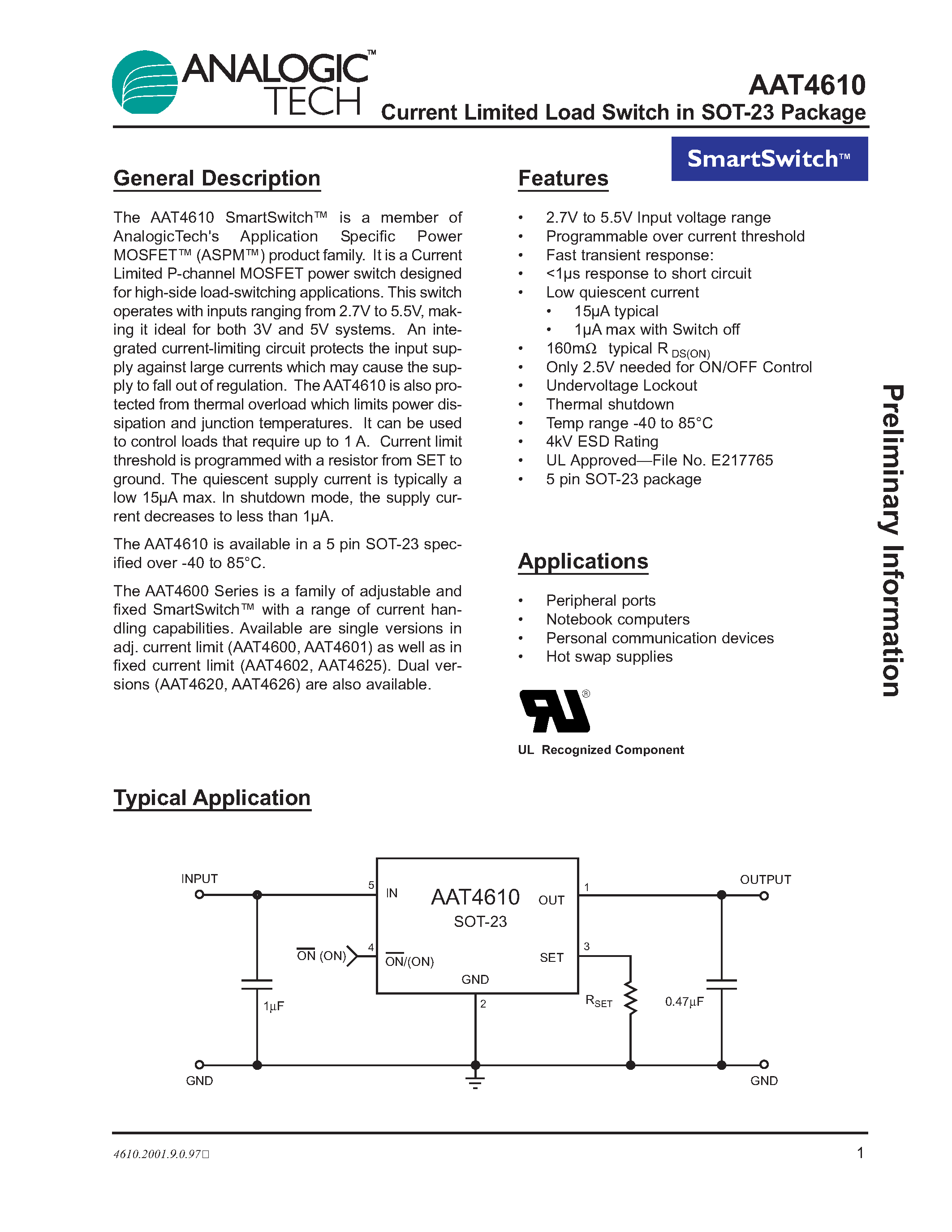 Даташит AAT4610IGV-T1 - Current Limited Load Switch in SOT-23 Package страница 1