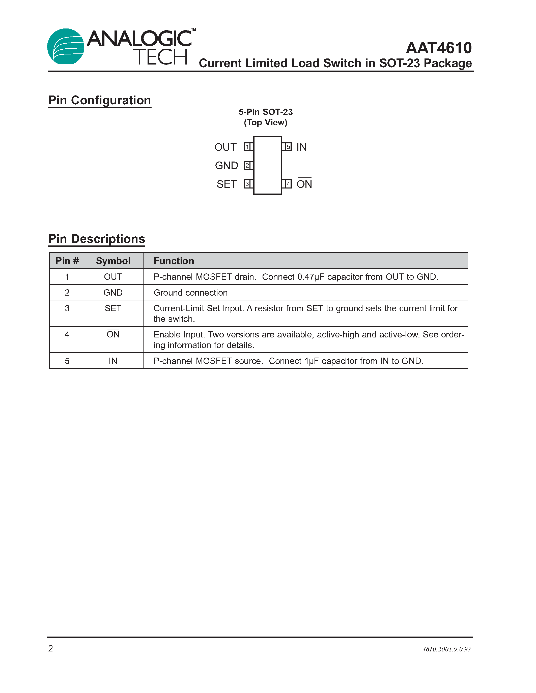 Даташит AAT4610IGV-T1 - Current Limited Load Switch in SOT-23 Package страница 2
