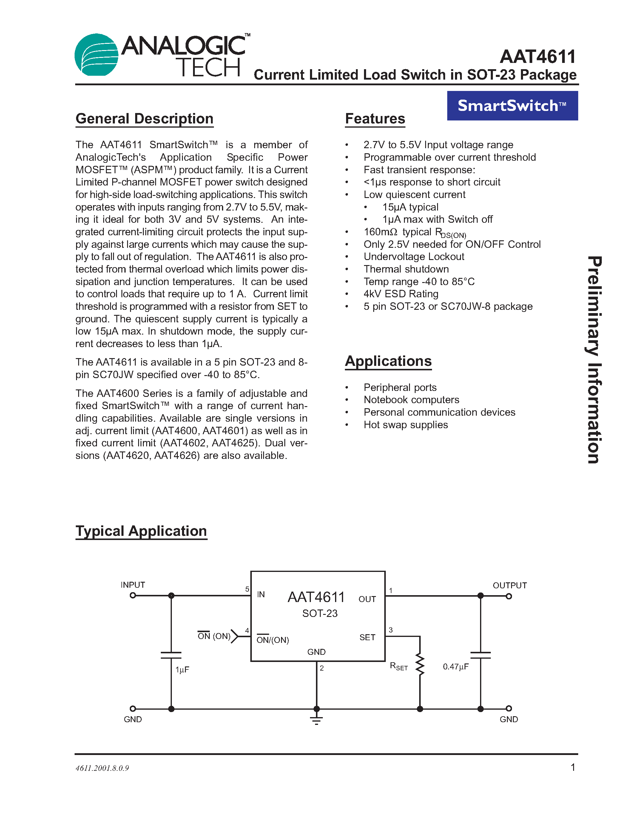 Даташит AAT4611IGV-T1 - Current Limited Load Switch in SOT-23 Package страница 1