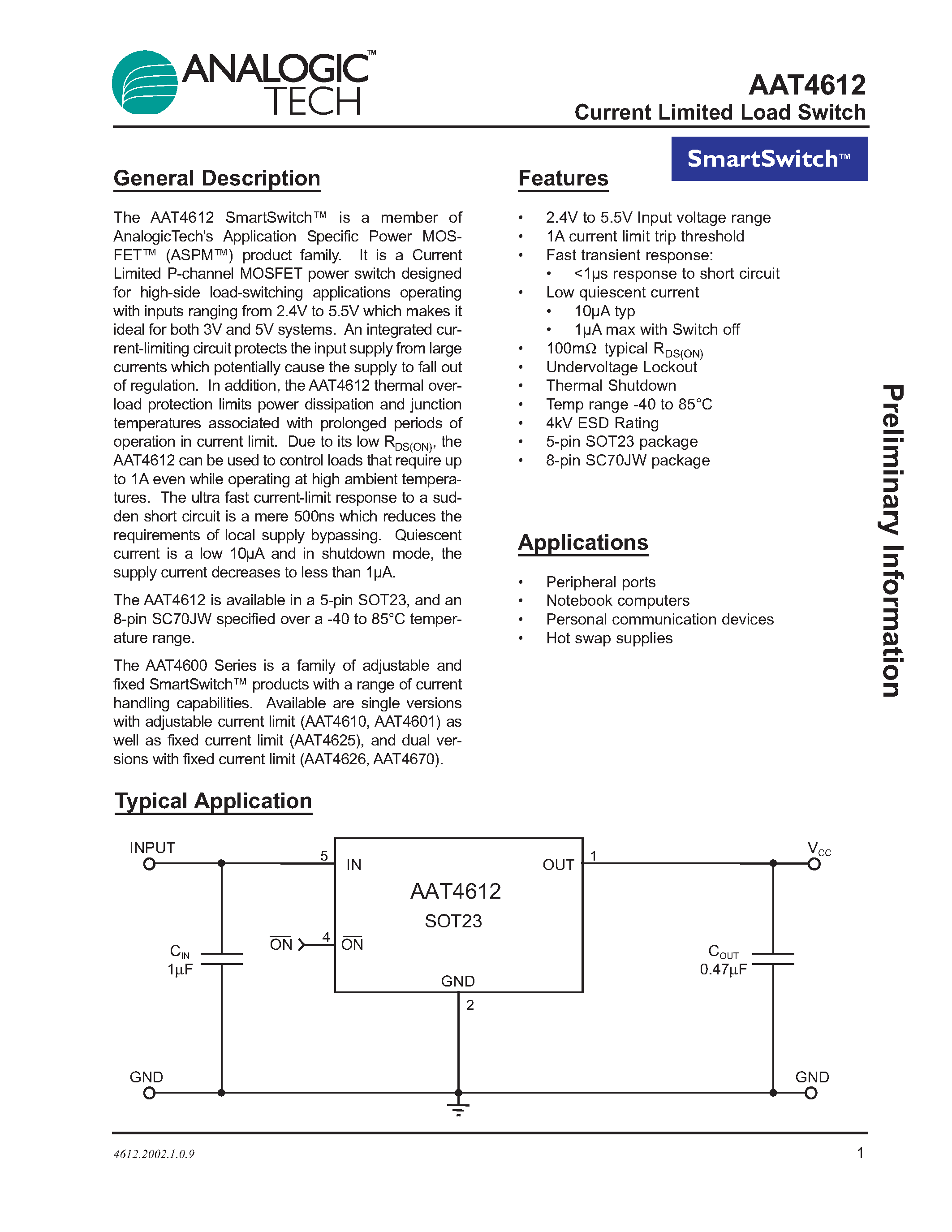 Datasheet AAT4612IJS-T1 - Current Limited Load Switch page 1