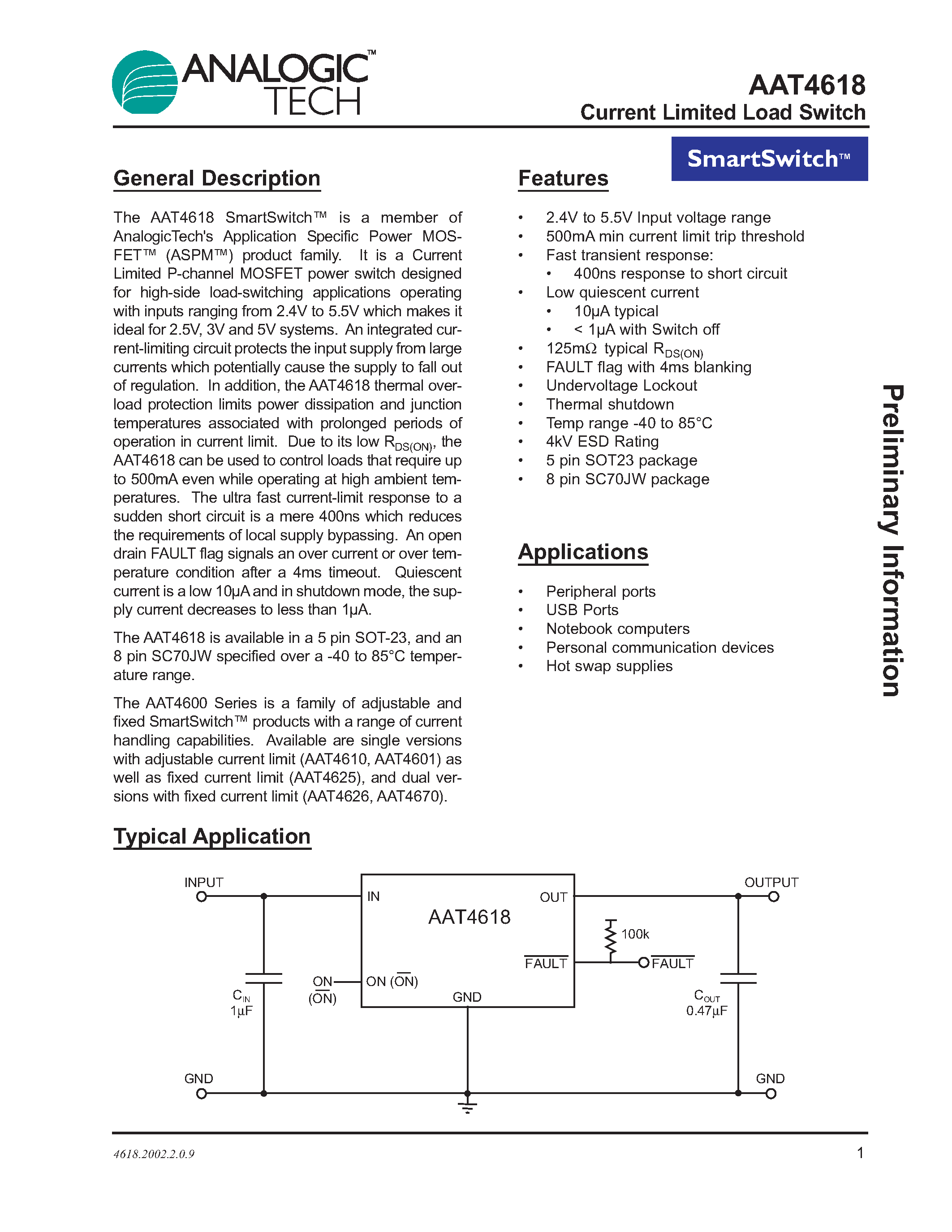 Datasheet AAT4618IJS-T1 page 1 Datasheet AAT4618IJS-T1 - Current Limited Load Switch page 1
