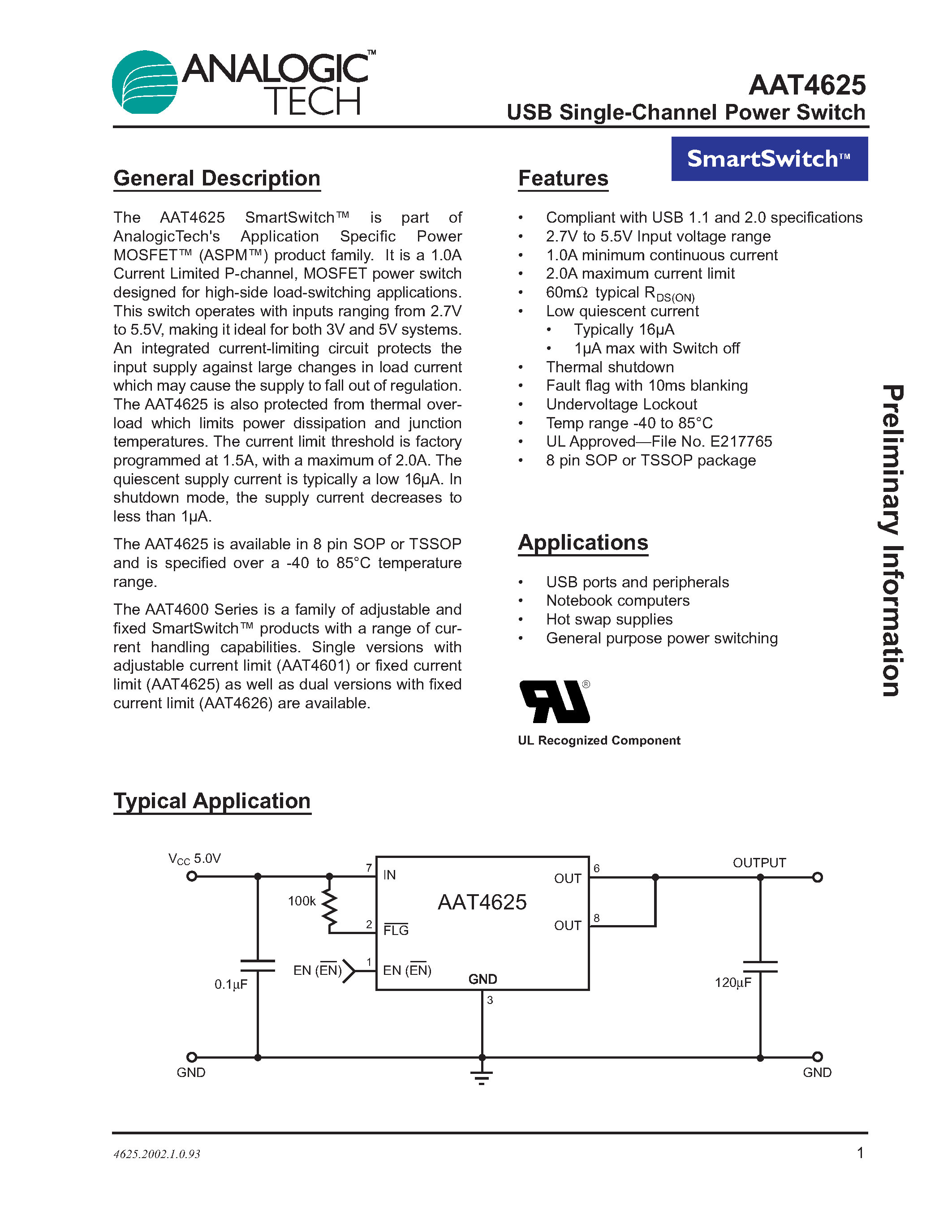 Datasheet AAT4625IHS-T1 - USB Single-Channel Power Switch page 1
