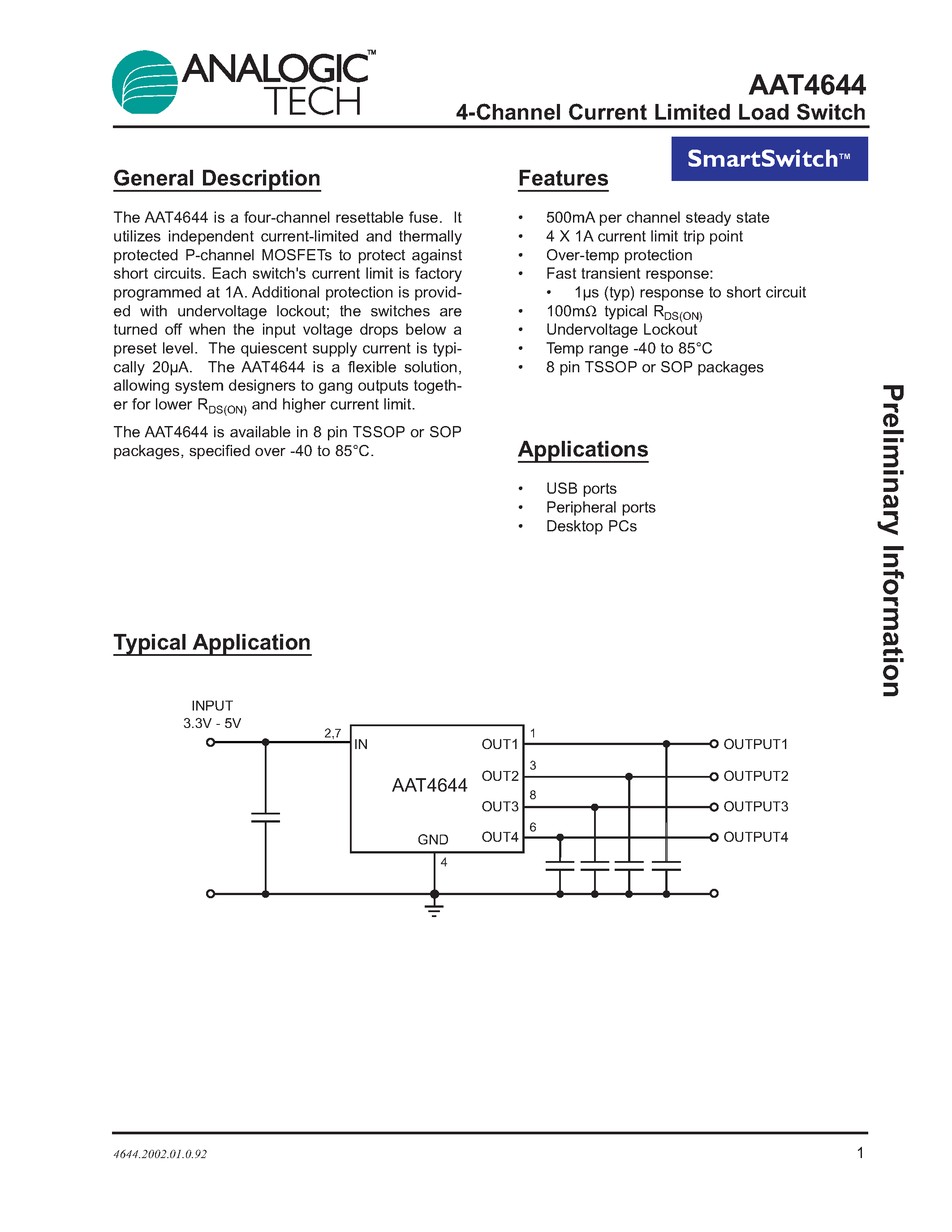Даташит AAT4644IHS-T1 - 4-Channel Current Limited Load Switch страница 1