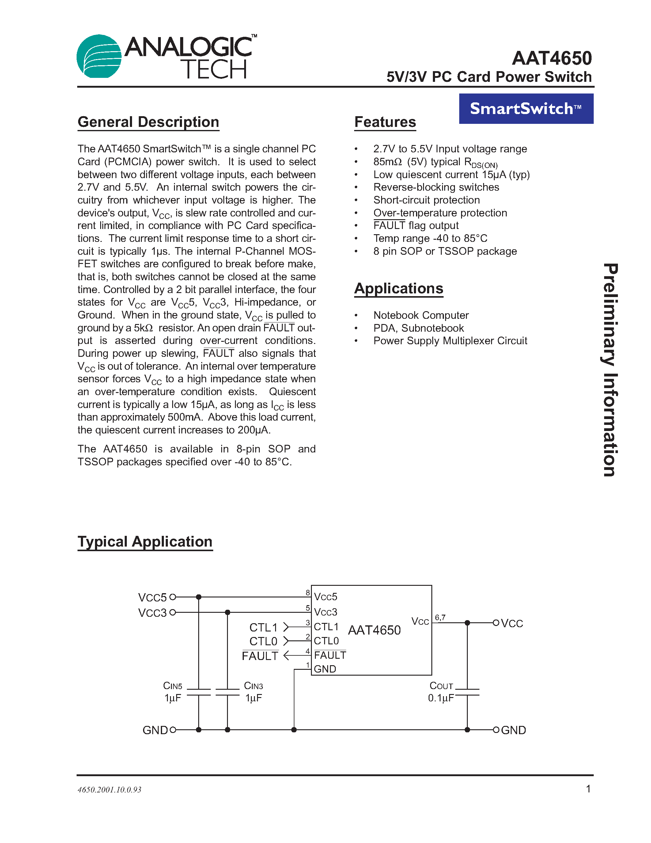 Даташит AAT4650IAS-B1 - 5V/3V PC Card Power Switch страница 1