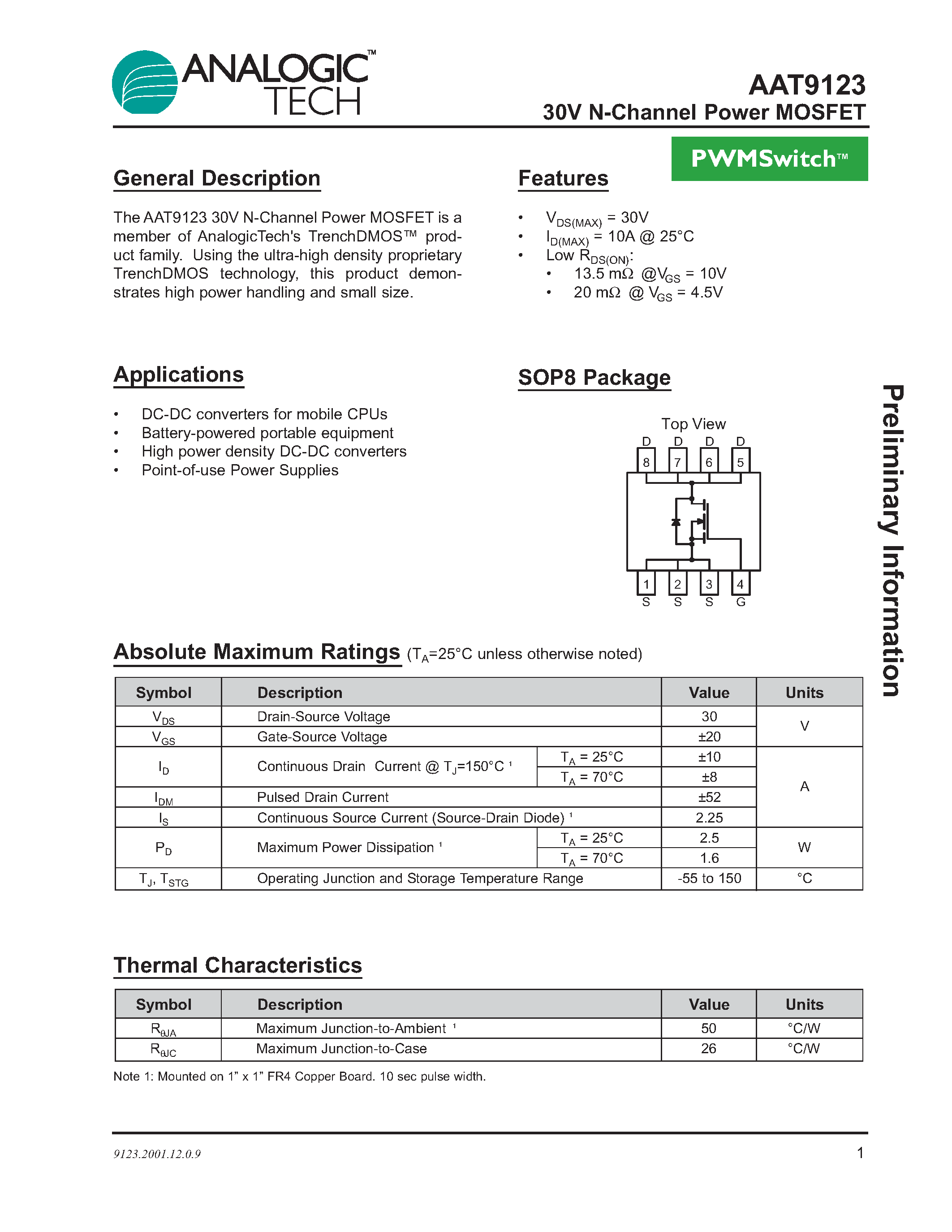 Datasheet AAT9123IAS-T1 page 1 Datasheet AAT9123IAS-T1 - 30V N-Channel Power MOSFET page 1